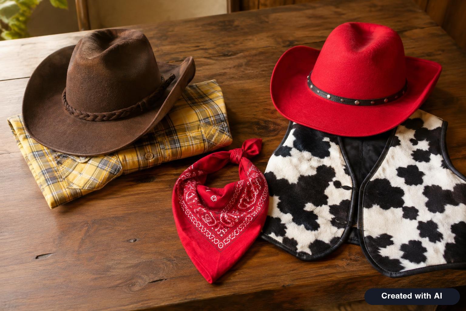Matching couple costume accessories on a table, a brown cowboy hat with a plaid shirt beside a red cowgirl hat and a cow print vest