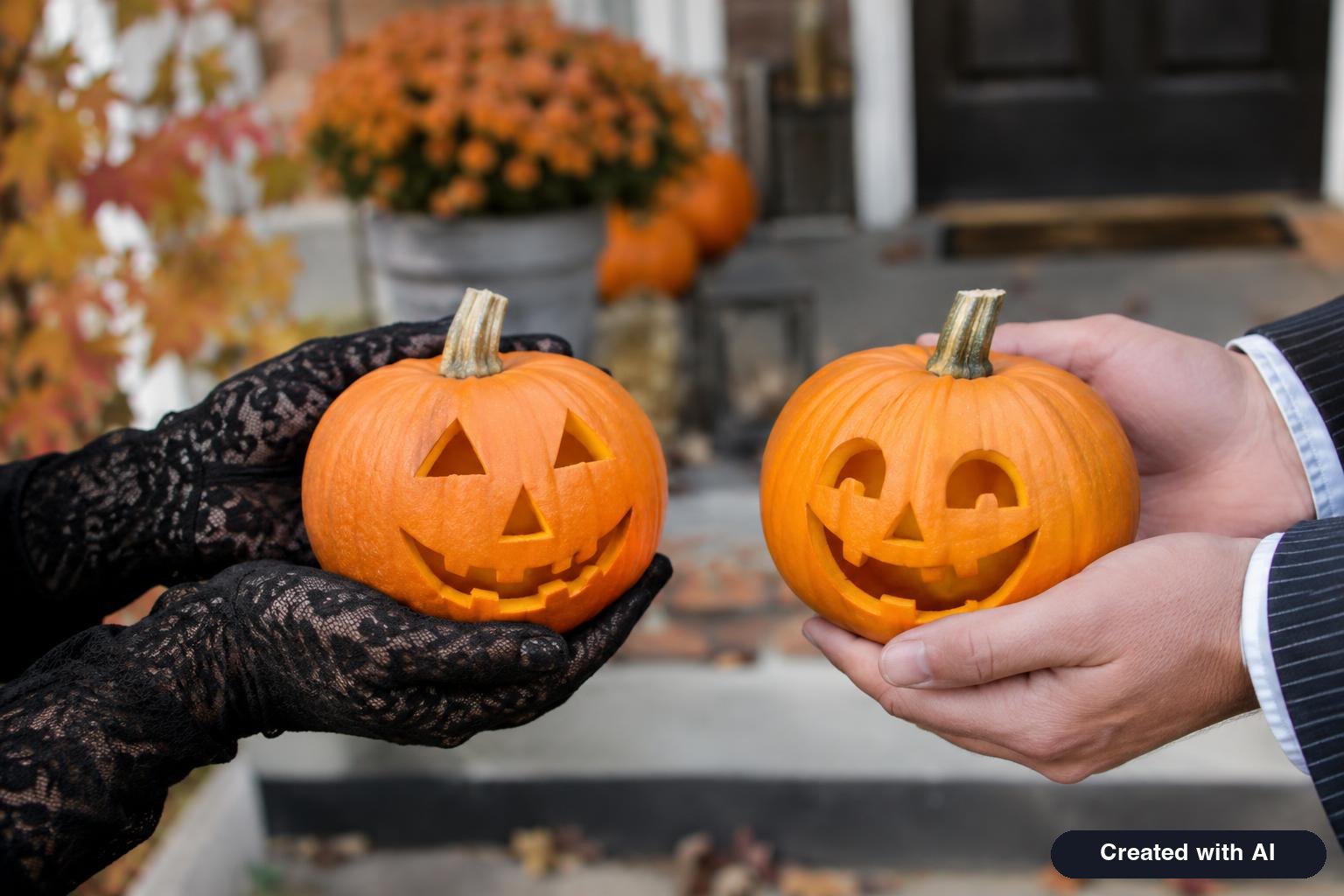 Two pairs of hands holding carved pumpkins, one wearing black lace gloves and the other a pinstripe suit cuff