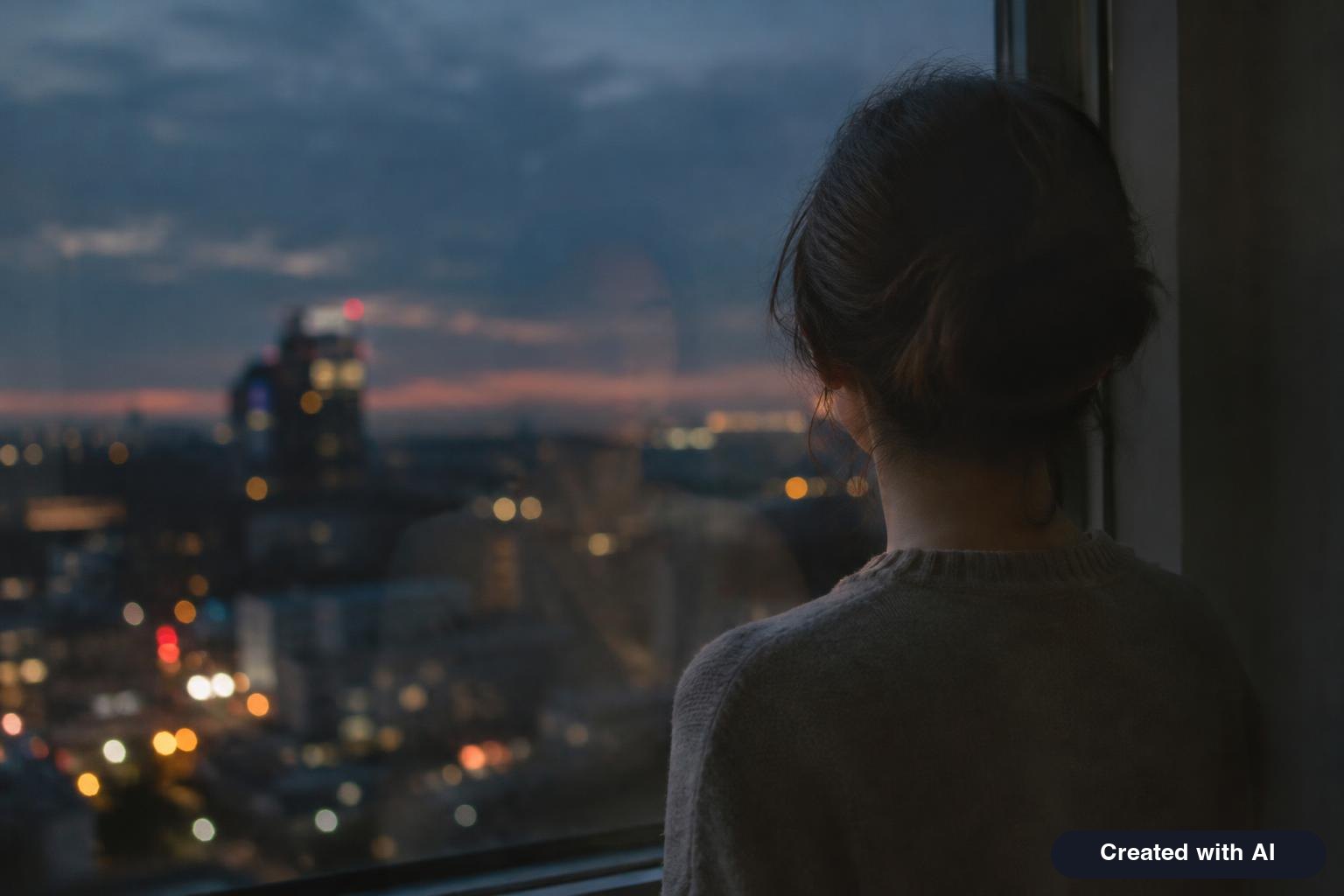 A person seen from behind looking at a blurred reflection in a dark window at dusk