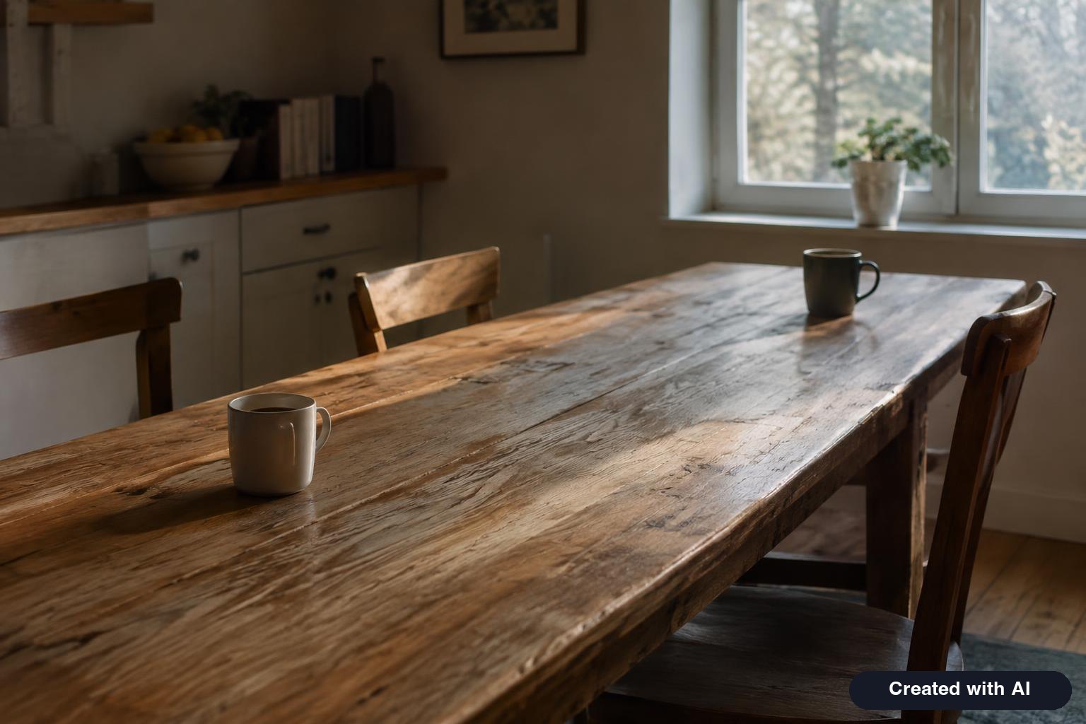 Two coffee mugs on opposite ends of a long kitchen table in soft morning light