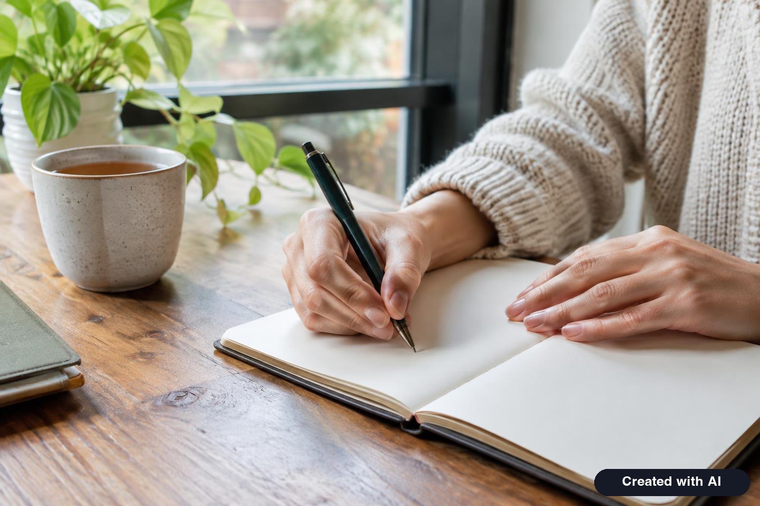 A person writing in a notebook at a desk beside a window with a cup of tea