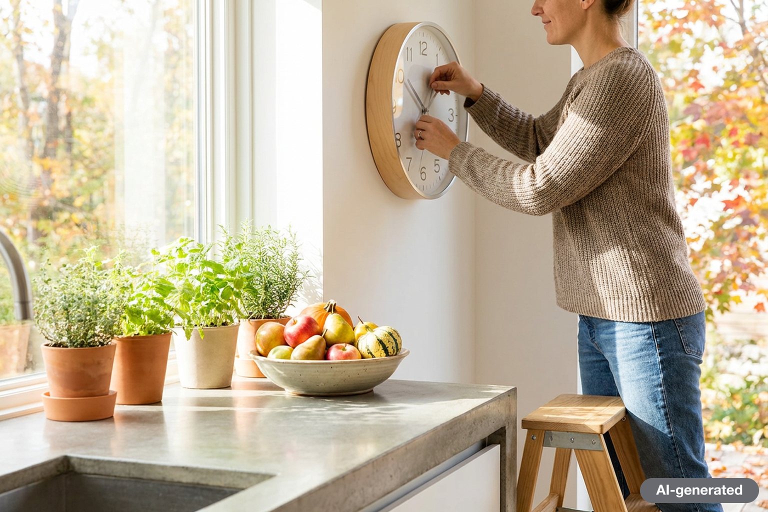 A person adjusting the hands of an analog wall clock in a bright kitchen on a sunny autumn morning
