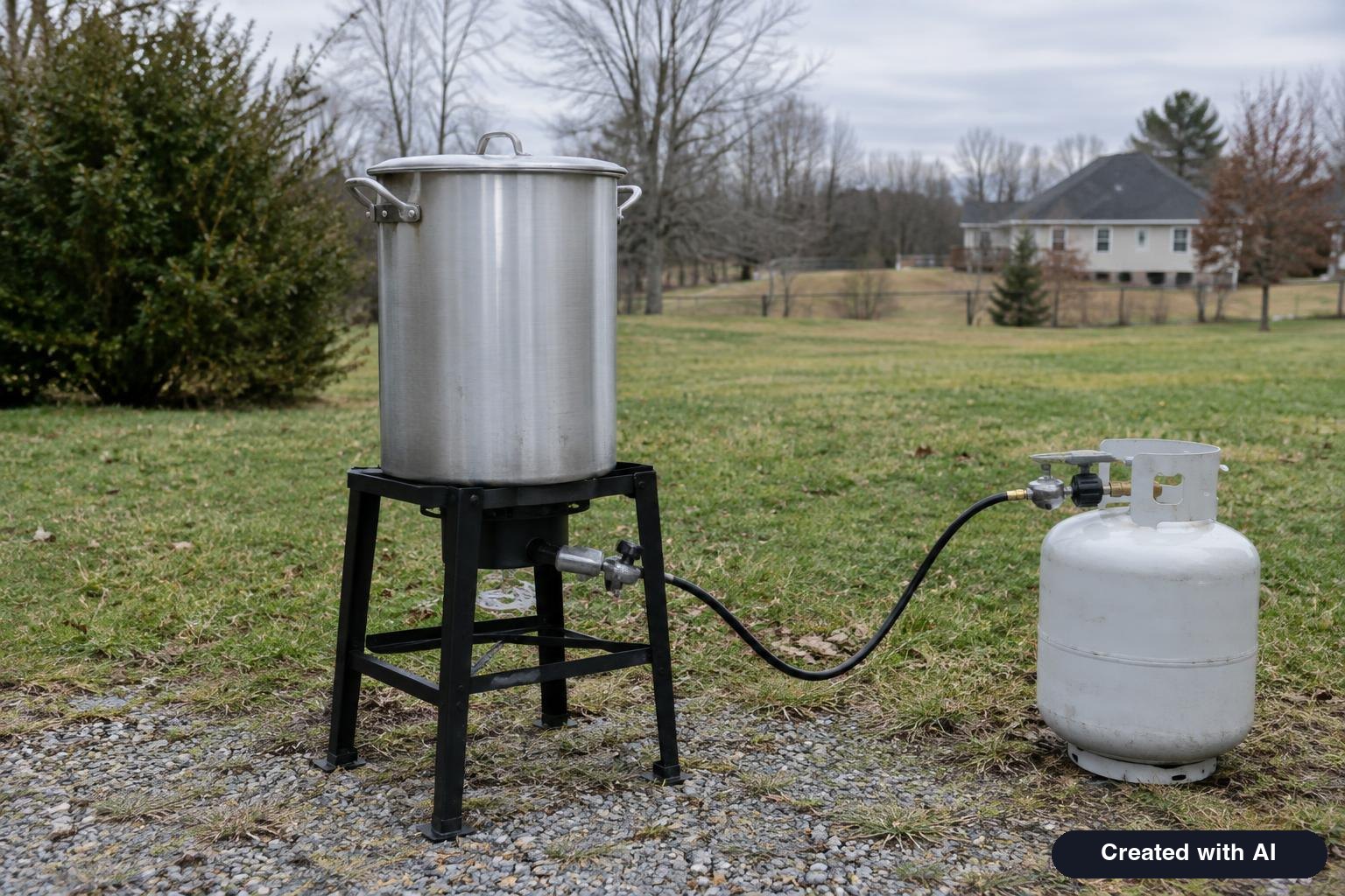 Outdoor propane turkey fryer set up on level ground in a backyard away from the house