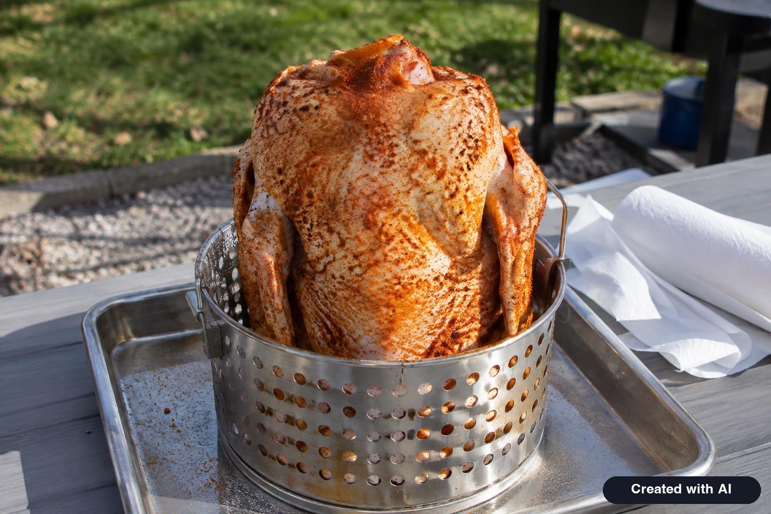 Raw seasoned turkey sitting in a fryer basket on a tray, patted dry and ready to fry