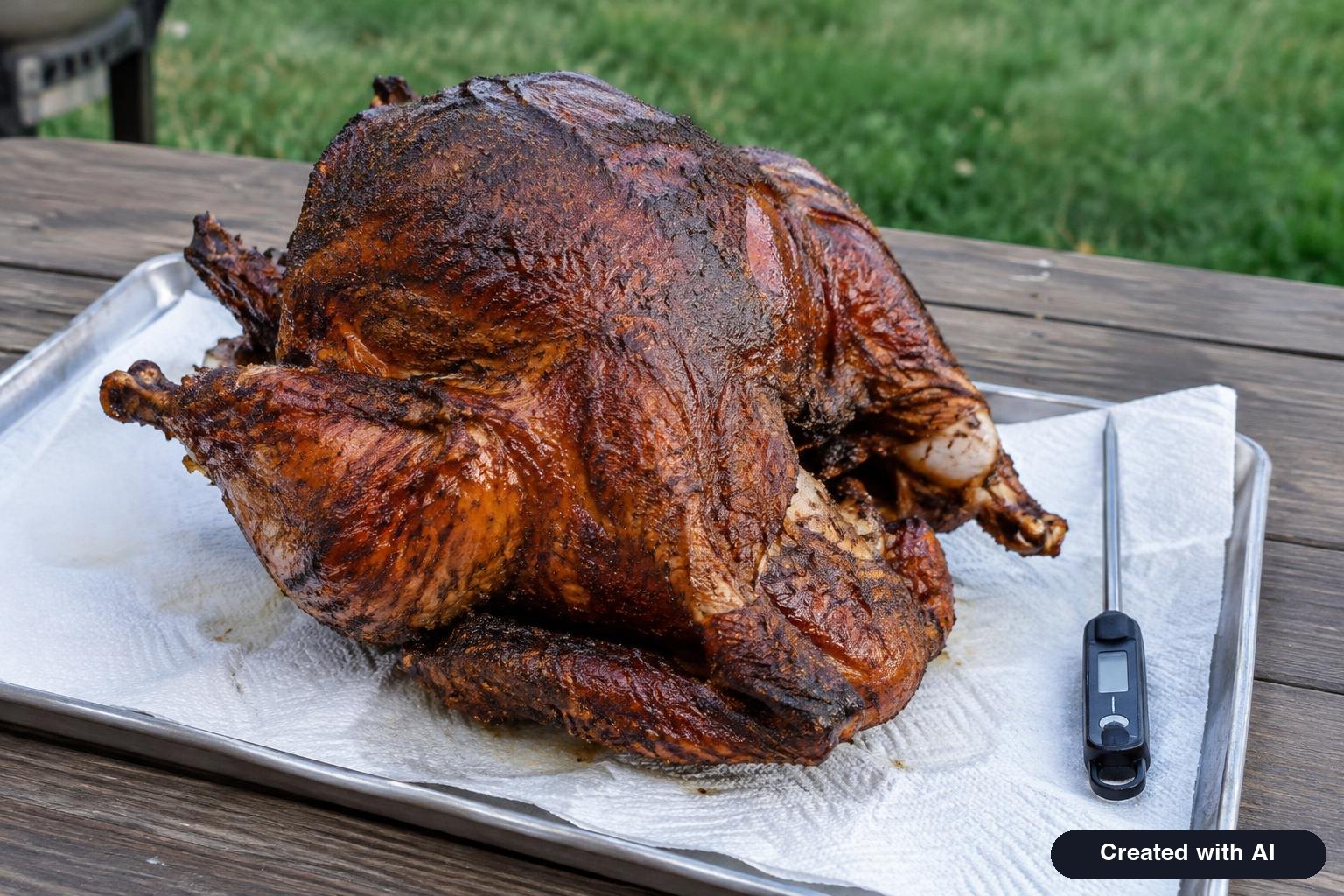 Deep-fried turkey with dark crisp skin draining on a paper towel lined tray