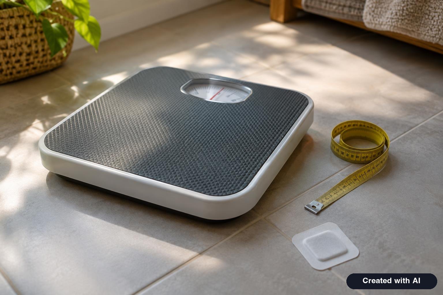 Bathroom scale on a tile floor beside a measuring tape and a small adhesive patch
