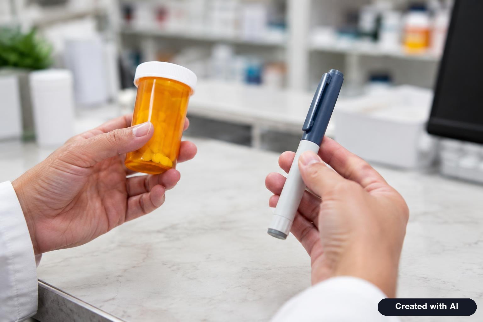 Pharmacist's hands holding a prescription pill bottle and an injection pen on a counter