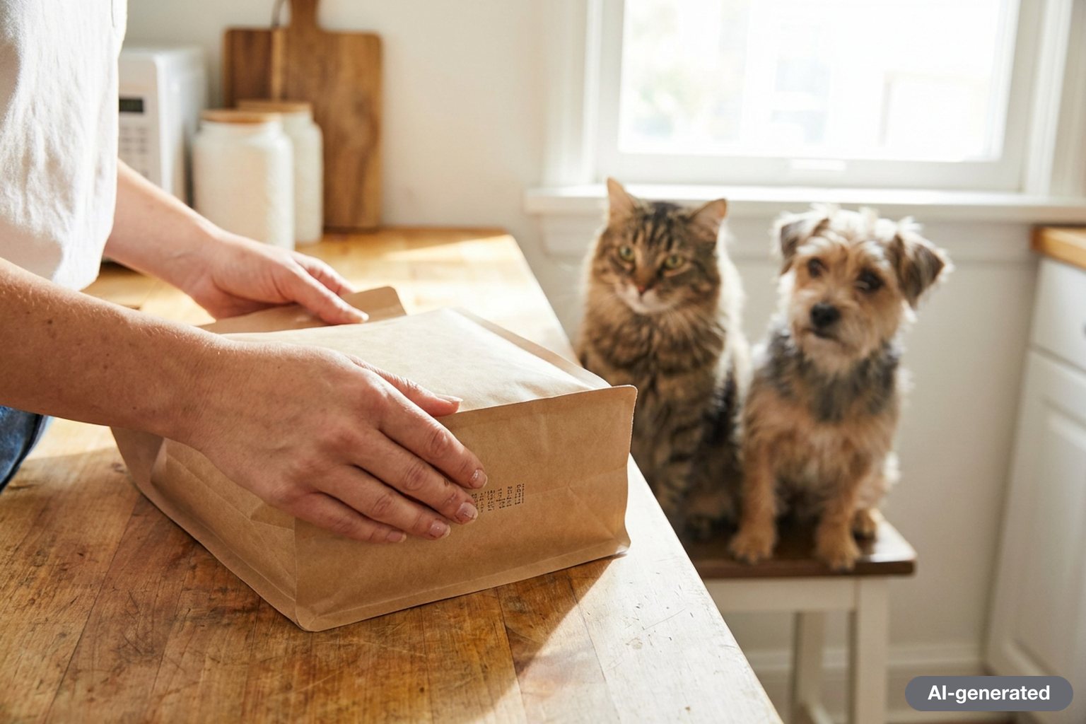 A pet owner checking the lot code on the back of a dog food bag in a bright kitchen while a dog waits nearby