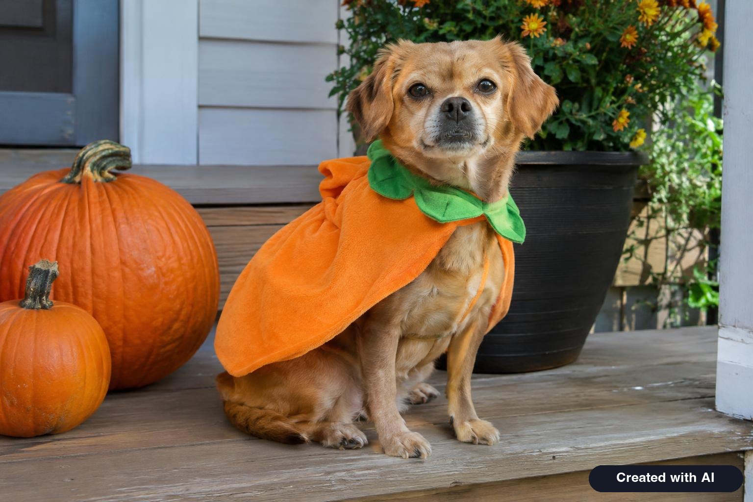 Small dog wearing a soft orange pumpkin cape sitting calmly on a porch step beside real pumpkins