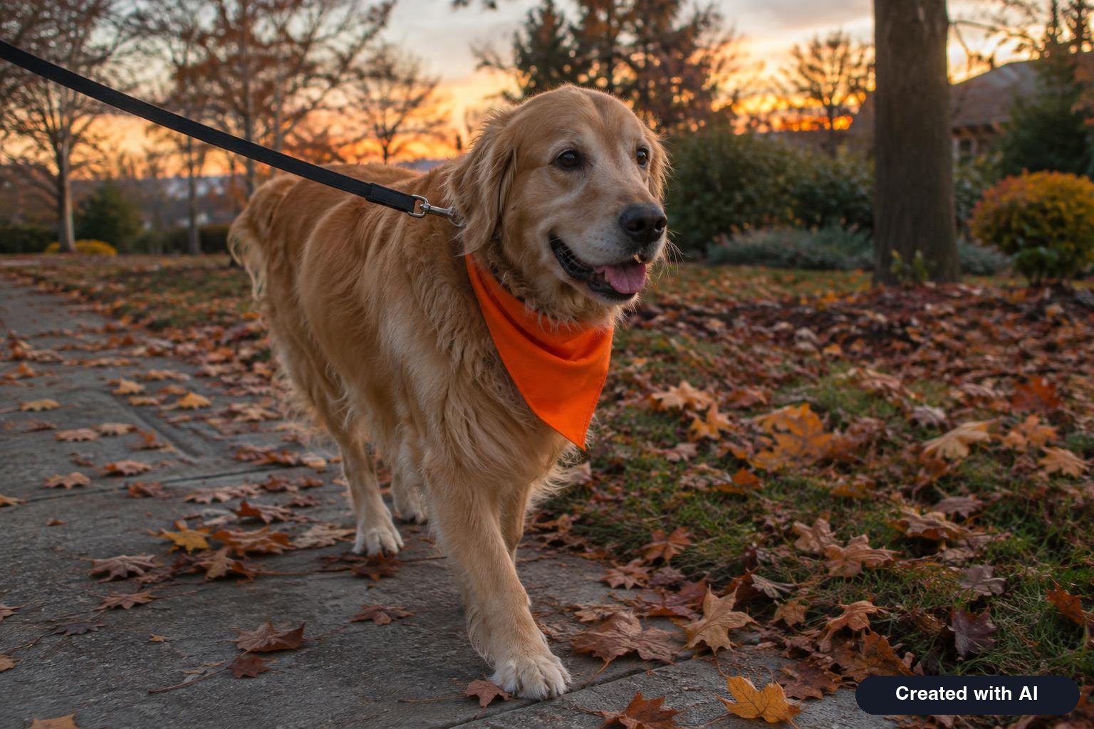 Large golden dog wearing a simple orange Halloween bandana walking on a leash along a leaf covered sidewalk at dusk