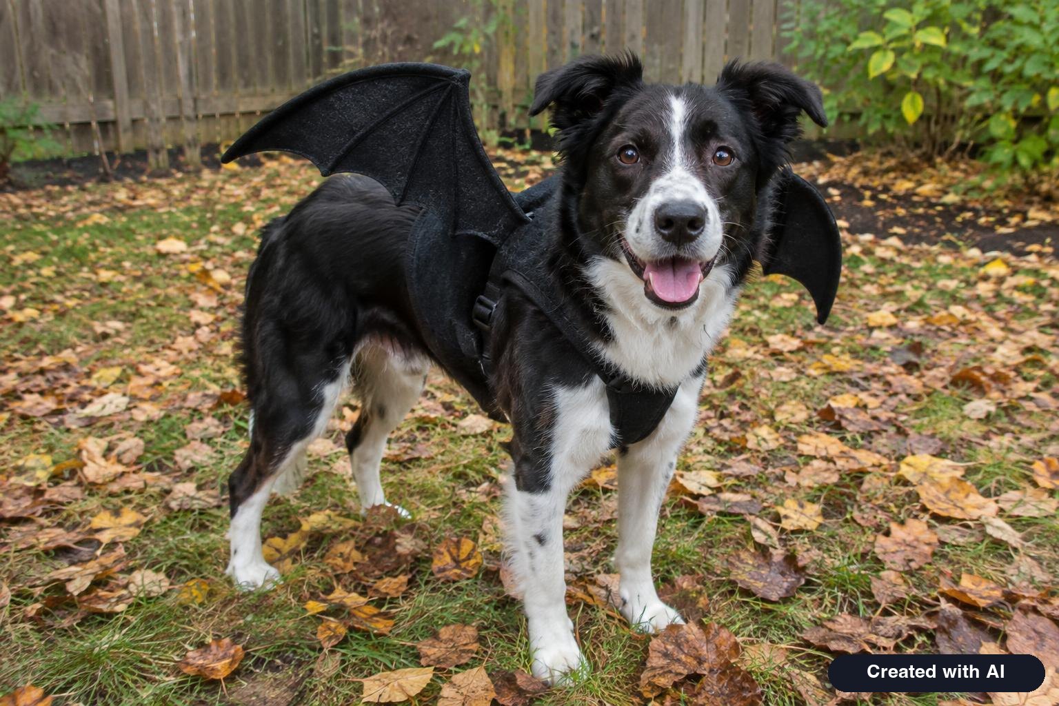 Medium sized dog with black felt bat wings attached to its harness standing in a yard with fallen leaves