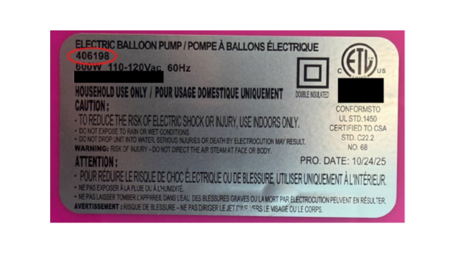 Silver rating label on the bottom of the recalled Dollar Tree balloon pump showing model number 406198