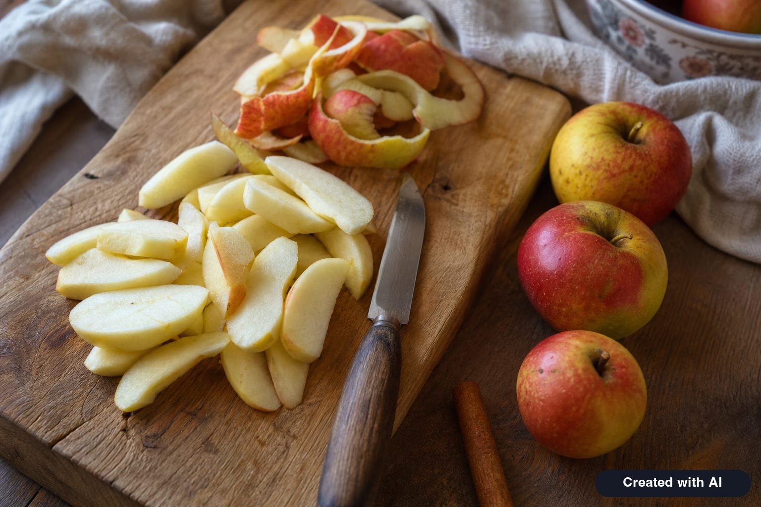 Peeled and thinly sliced apples on a wooden board for apple cake
