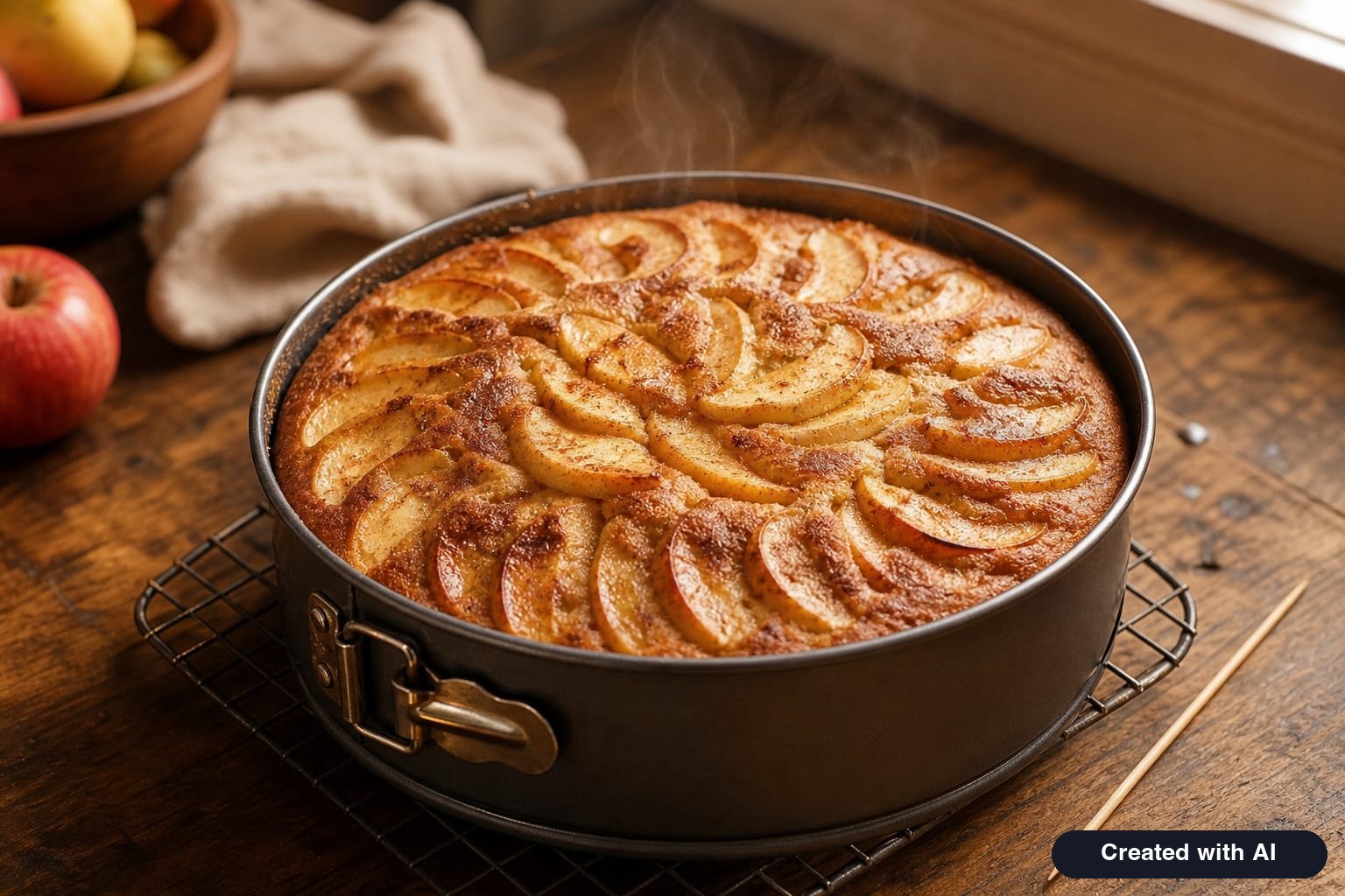 Freshly baked golden apple cake in a round pan on a wire rack with caramelized apple slices
