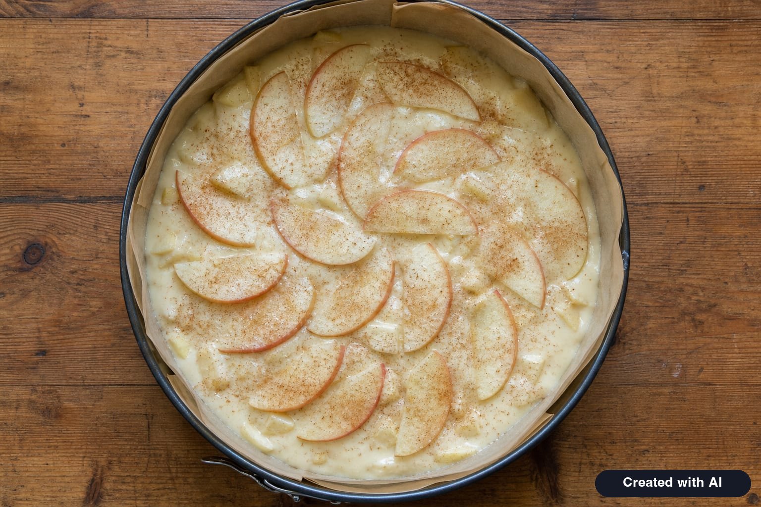 Apple cake batter in a 9½-inch (24 cm) round baking pan with apple slices arranged in a circle and cinnamon before baking
