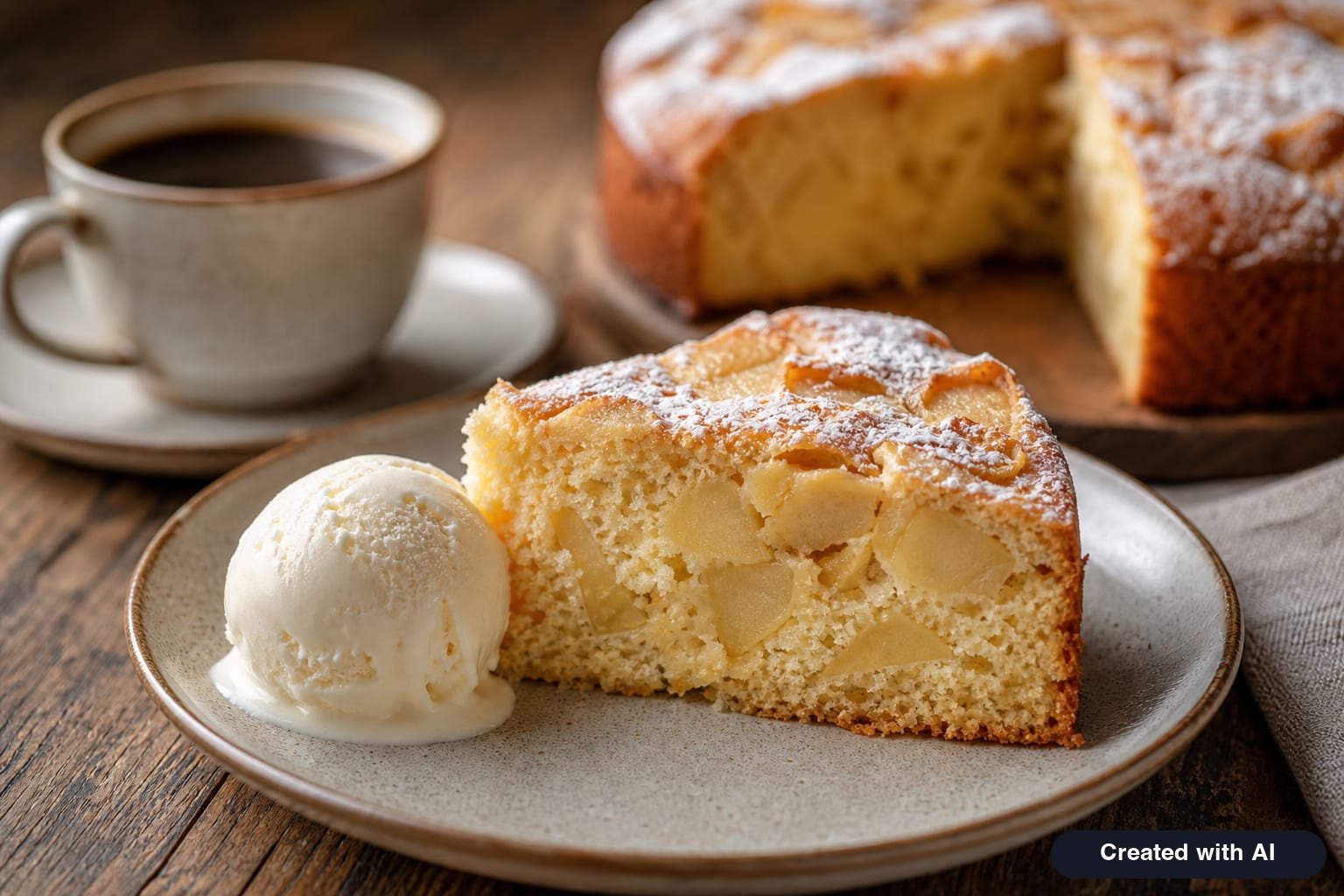 A slice of moist apple cake with visible apple chunks, dusted with powdered sugar, served with a scoop of vanilla ice cream and coffee
