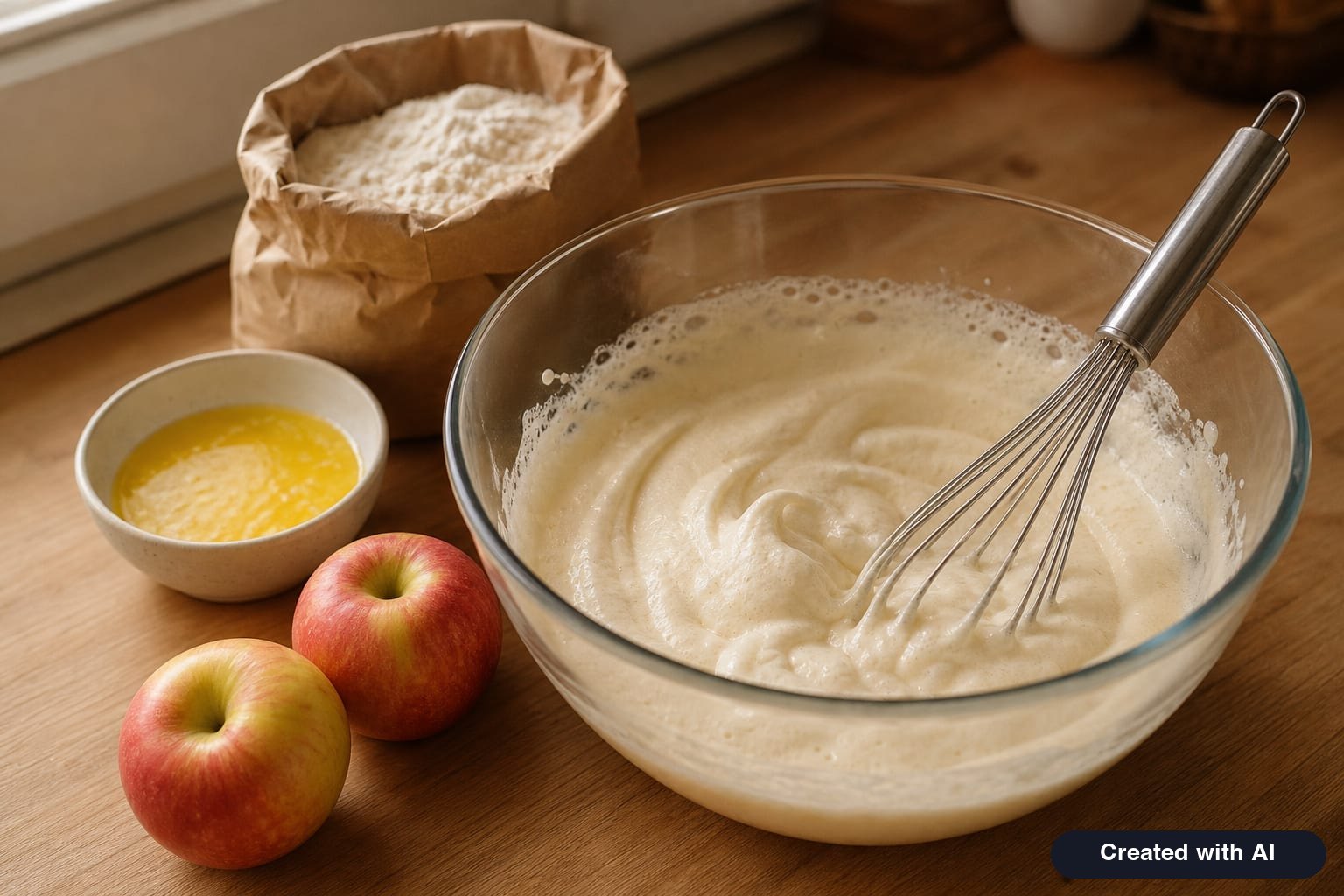 Eggs whipped with sugar to a light fluffy foam in a glass bowl next to melted butter and flour