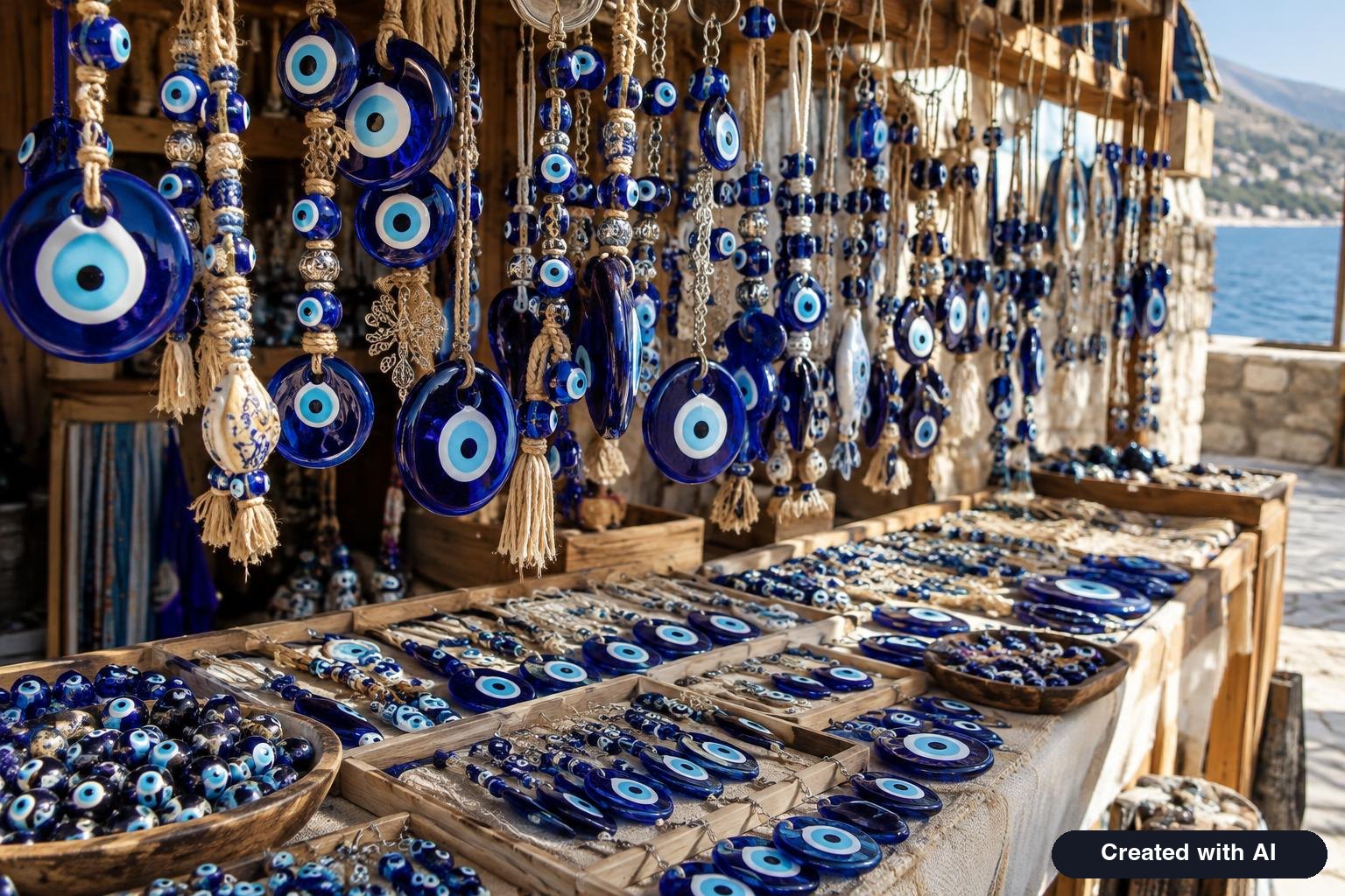 Rows of handmade blue and white glass eye beads displayed at an outdoor market stall