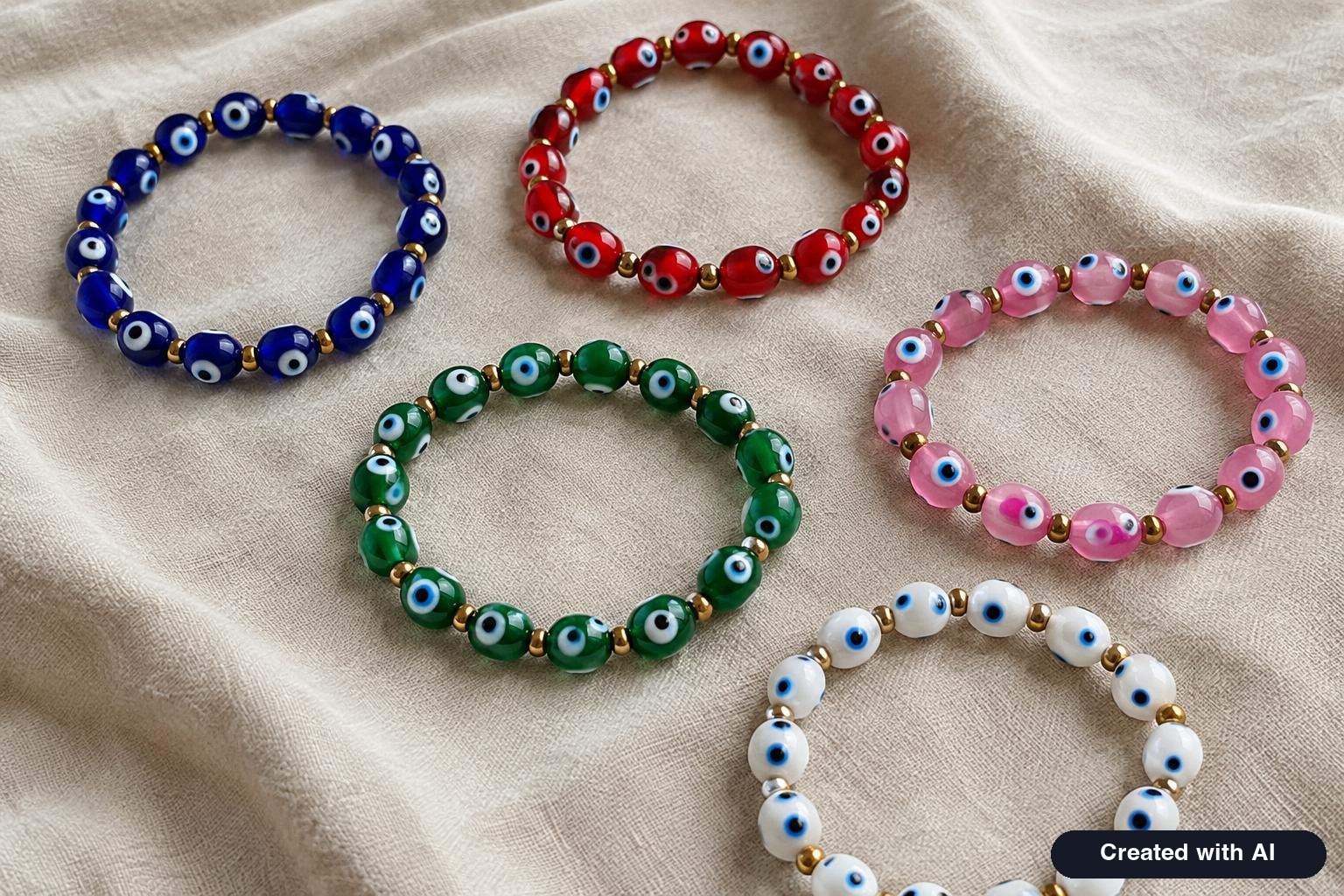 Several colorful glass evil eye bead bracelets laid out on a light linen cloth