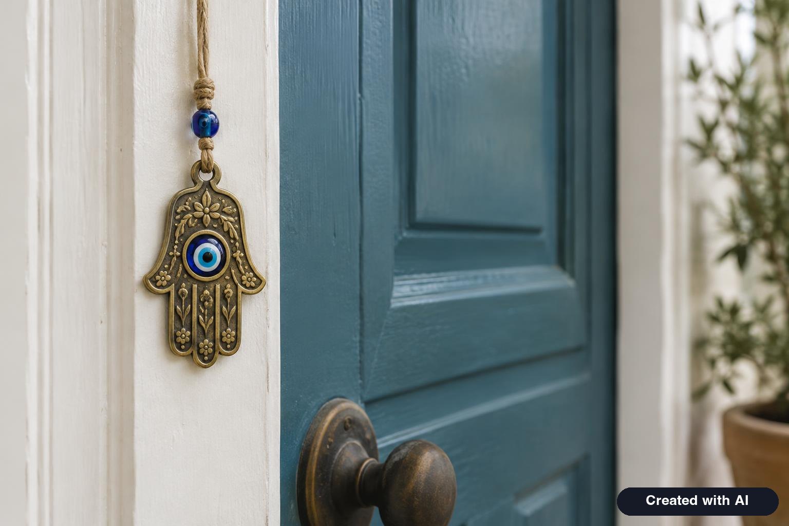 Brass hamsa hand charm with a blue glass eye hanging beside a wooden front door