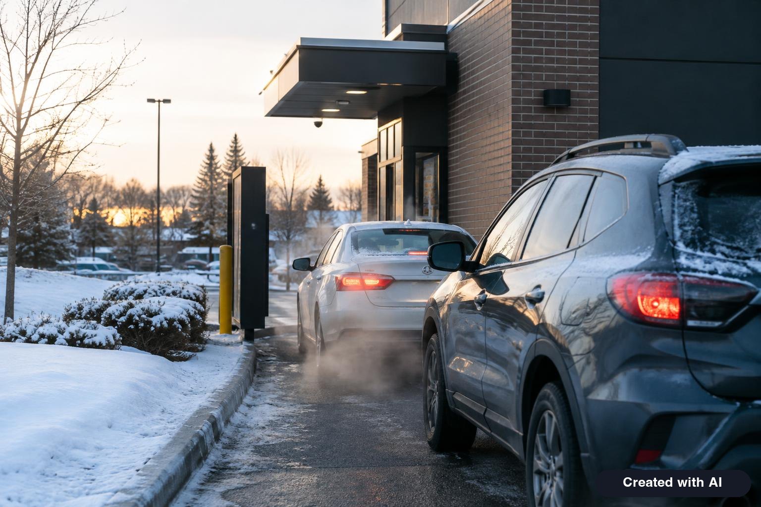 A drive-thru lane at a generic fast-food restaurant on a winter morning with two cars waiting and steam rising