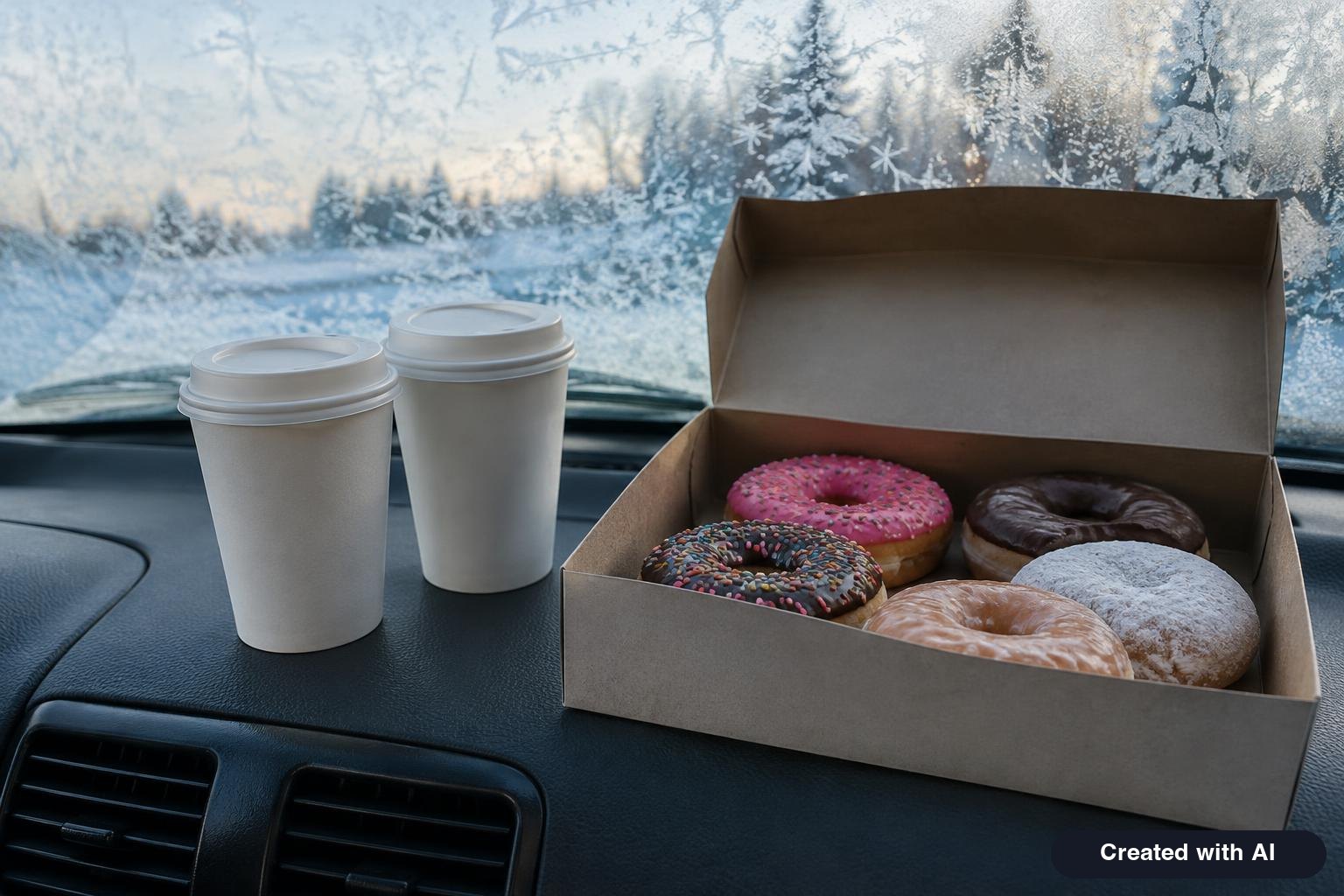 Two plain paper coffee cups and a box of donuts on a car dashboard with a frosty windshield