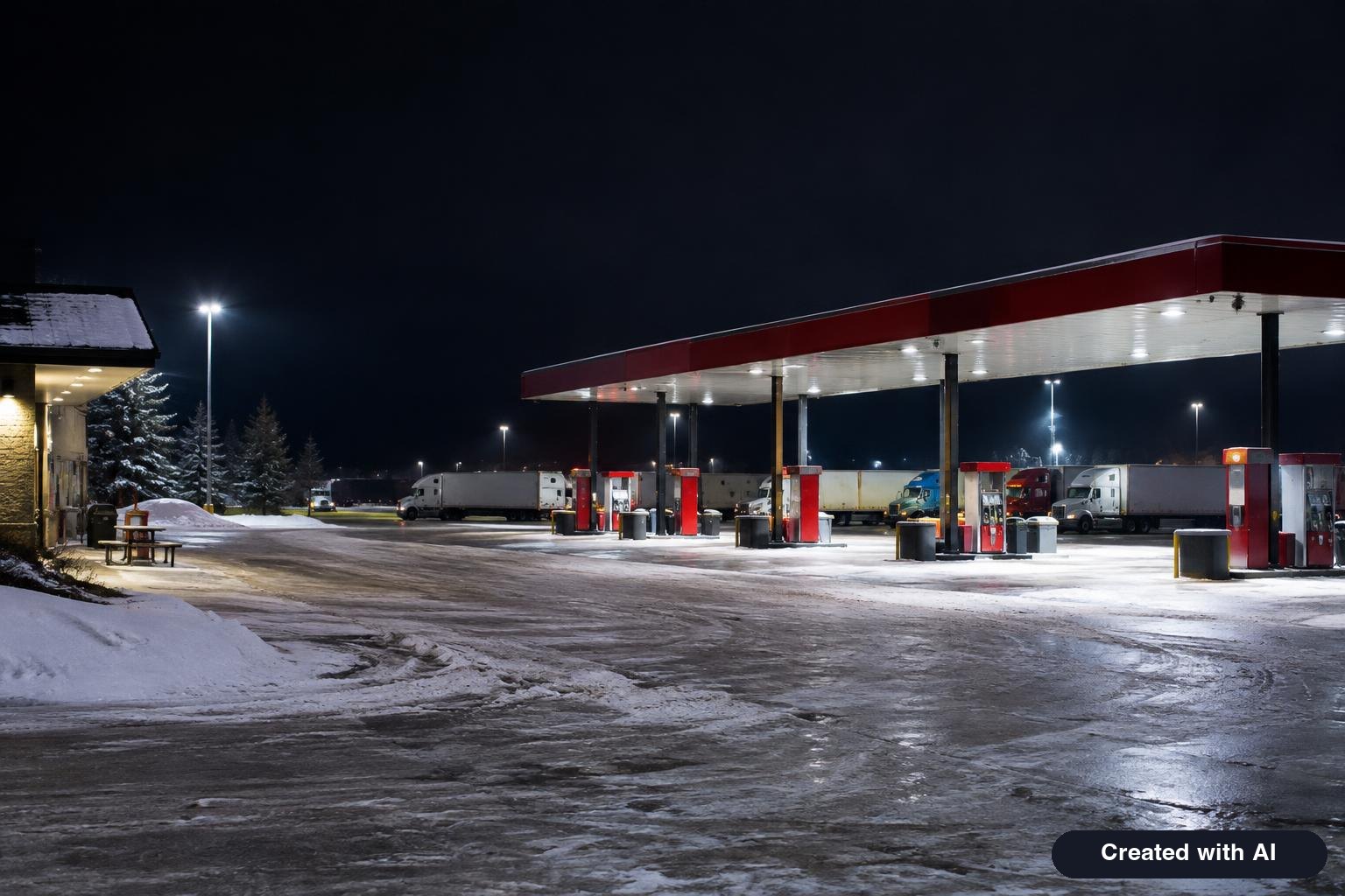 A highway travel center at night in winter with fuel canopies lit and trucks parked in the background