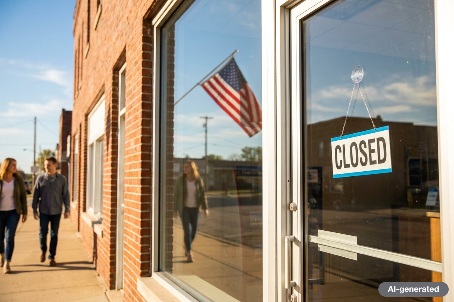 A closed sign hanging inside the glass door of a small-town post office on a bright morning, with an American flag reflected in the window