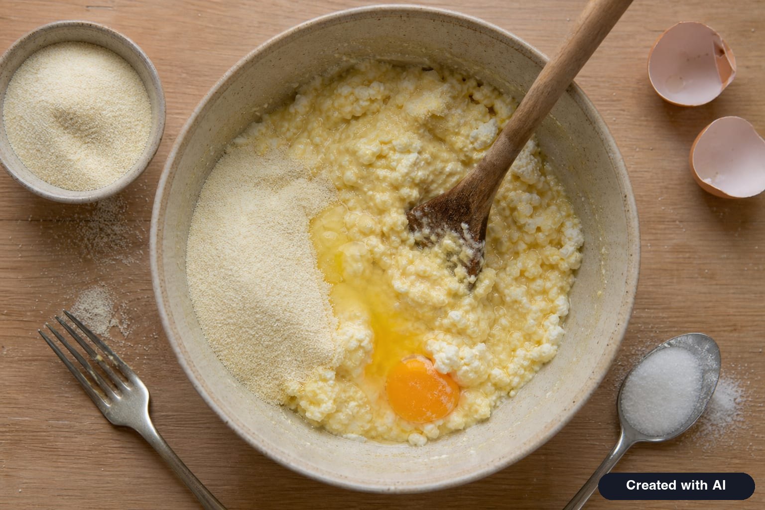 Mashed farmer cheese in a bowl with an egg and semolina - dough for flourless cottage cheese pancakes