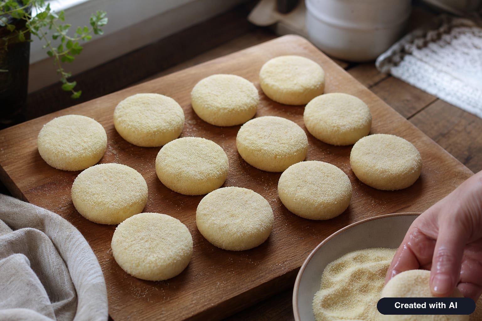 Uncooked flourless cottage cheese pancakes coated in semolina on a wooden board before frying