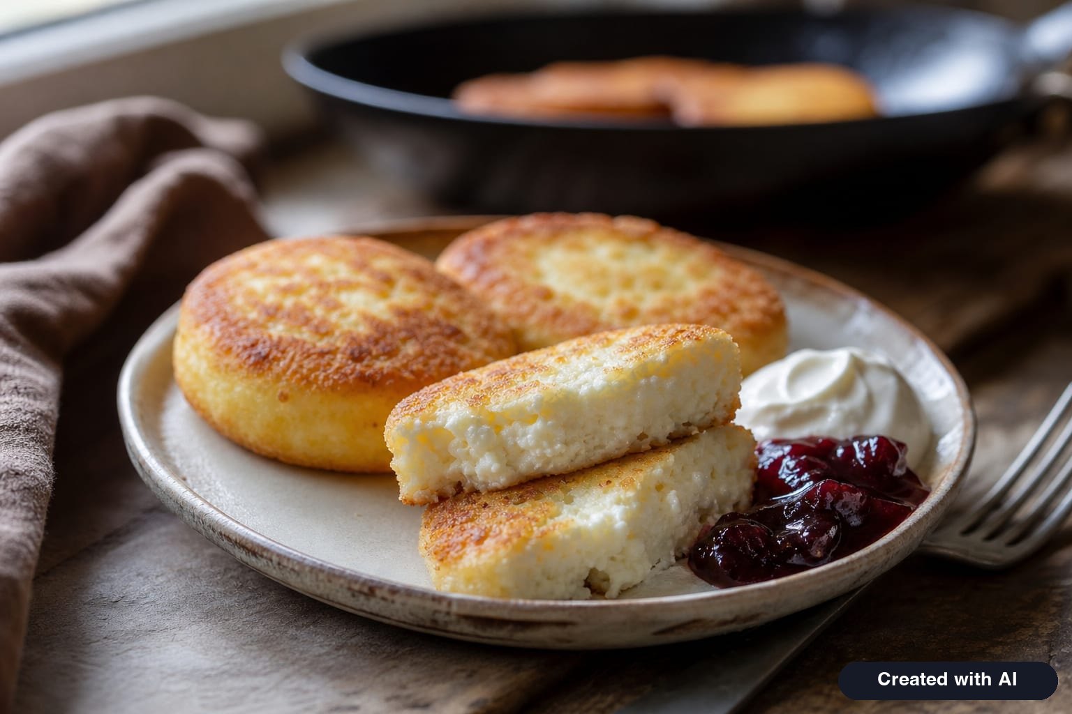 A fried semolina cottage cheese pancake broken open: golden crust and soft white inside, with sour cream and jam on the side