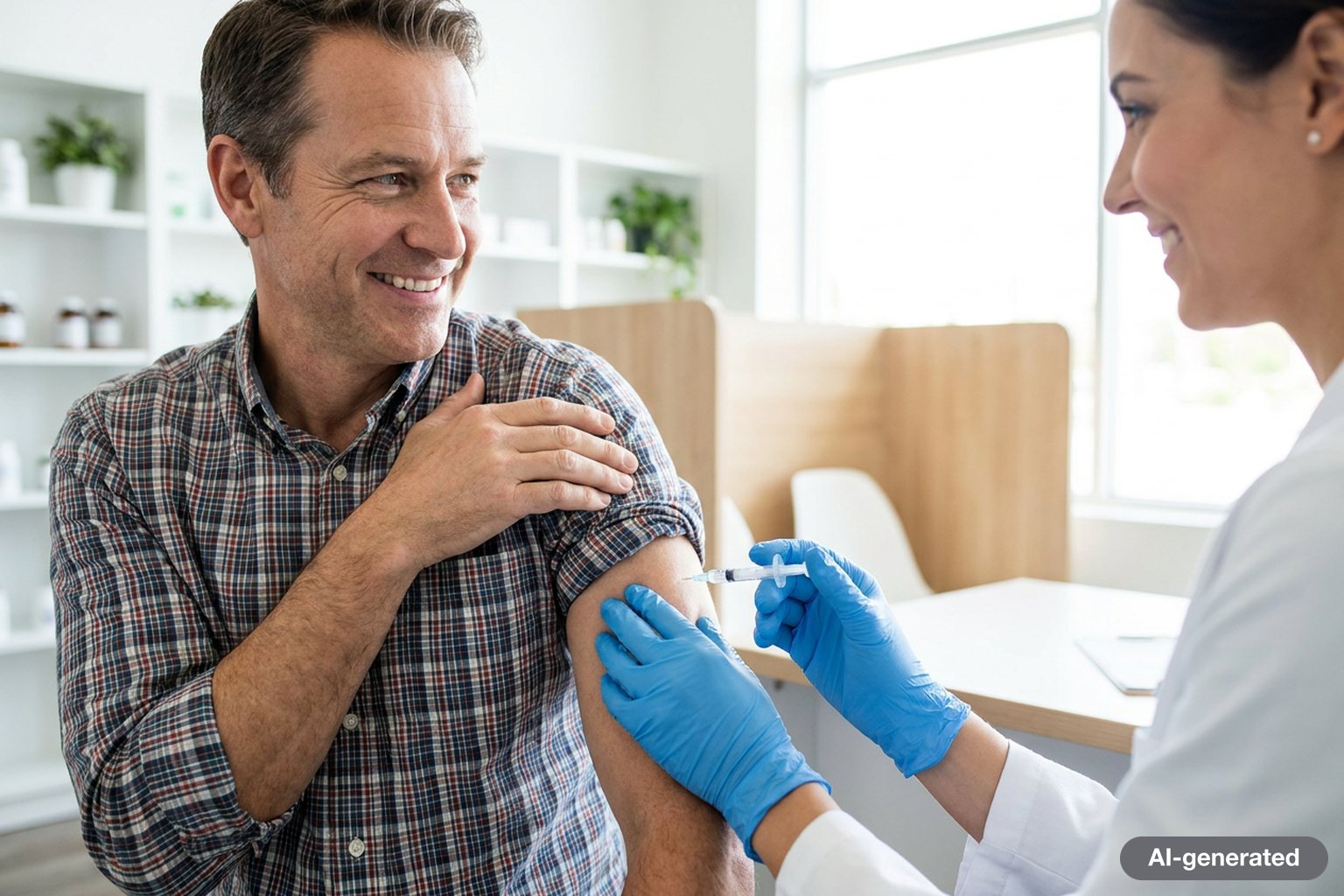 A pharmacist giving a flu shot in the upper arm of a smiling middle-aged man in a bright pharmacy