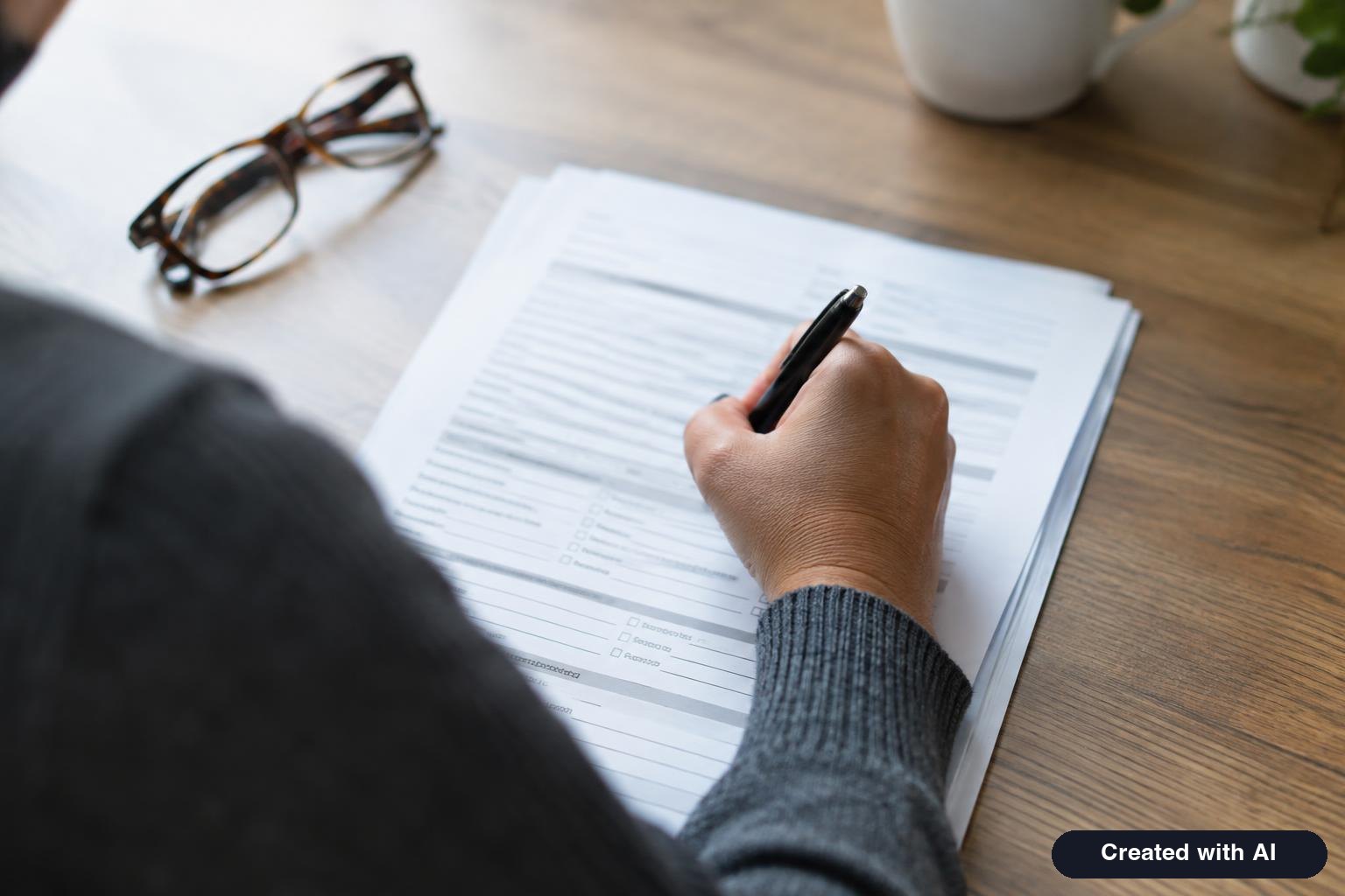 Person filling in a multi-page government form at a desk with a pen and reading glasses