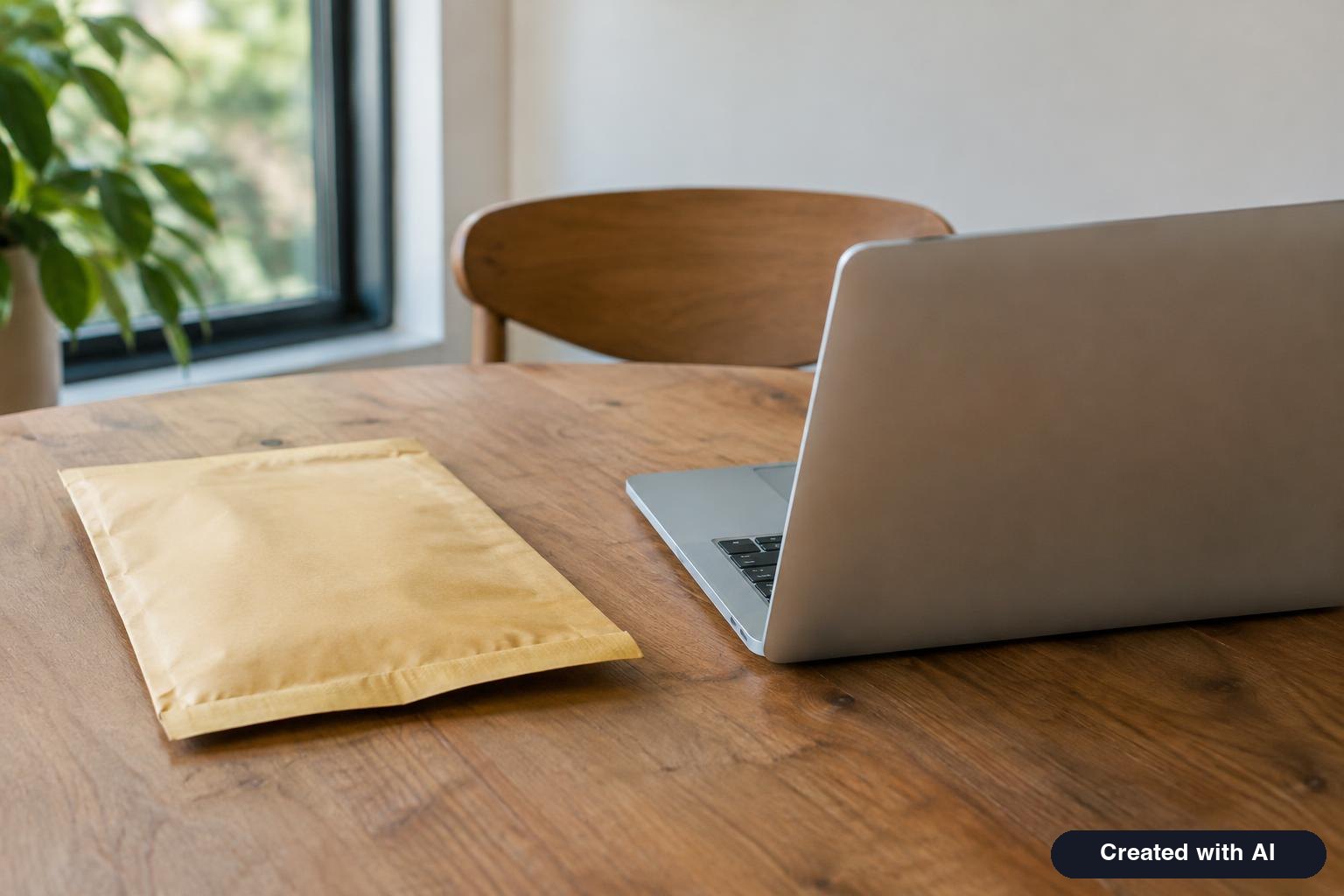 Sealed large mailing envelope and a laptop side by side on a wooden table