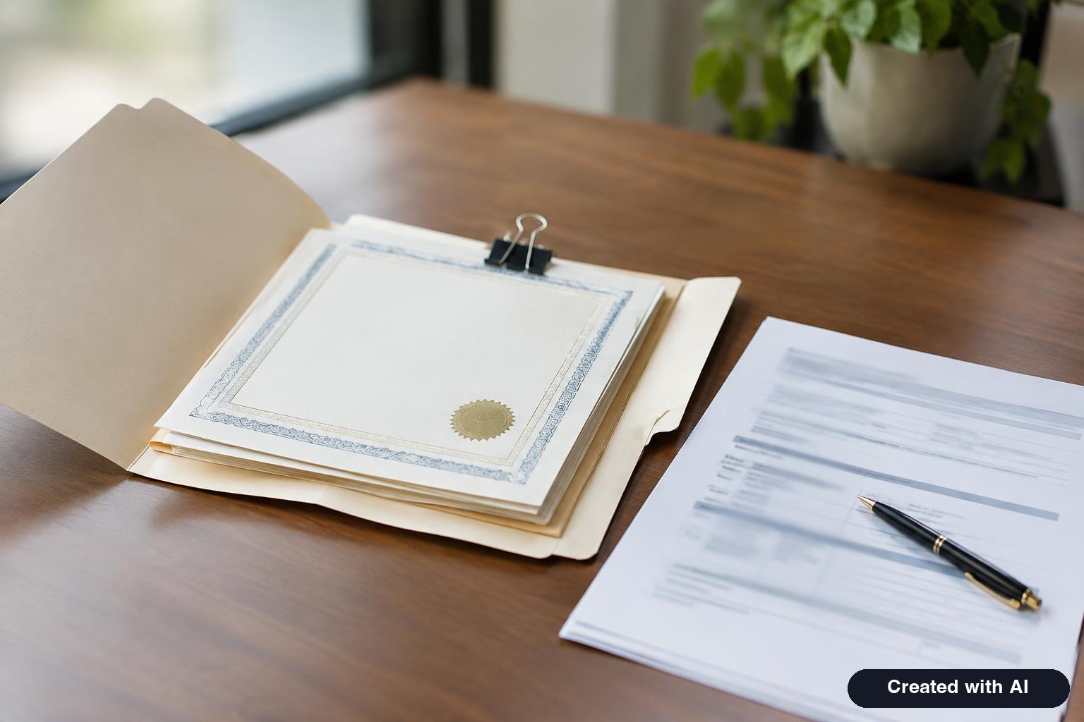 Open folder with birth and marriage certificates clipped beside a completed form