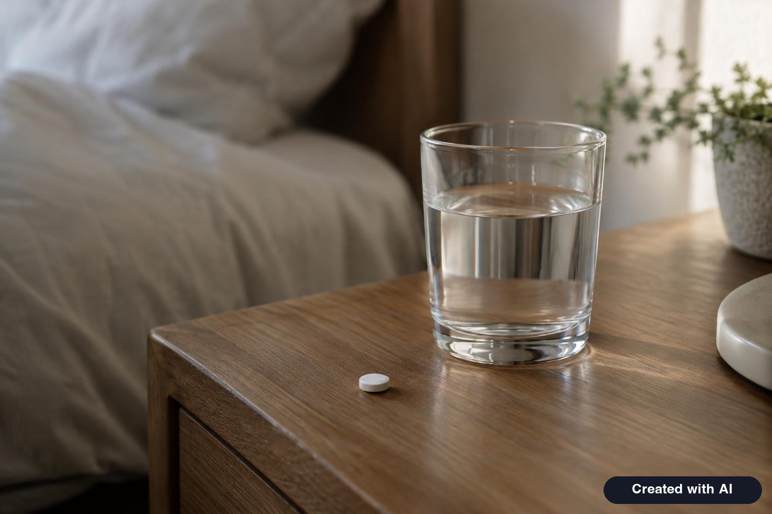 A single white tablet next to a small glass of water on a nightstand in early morning light