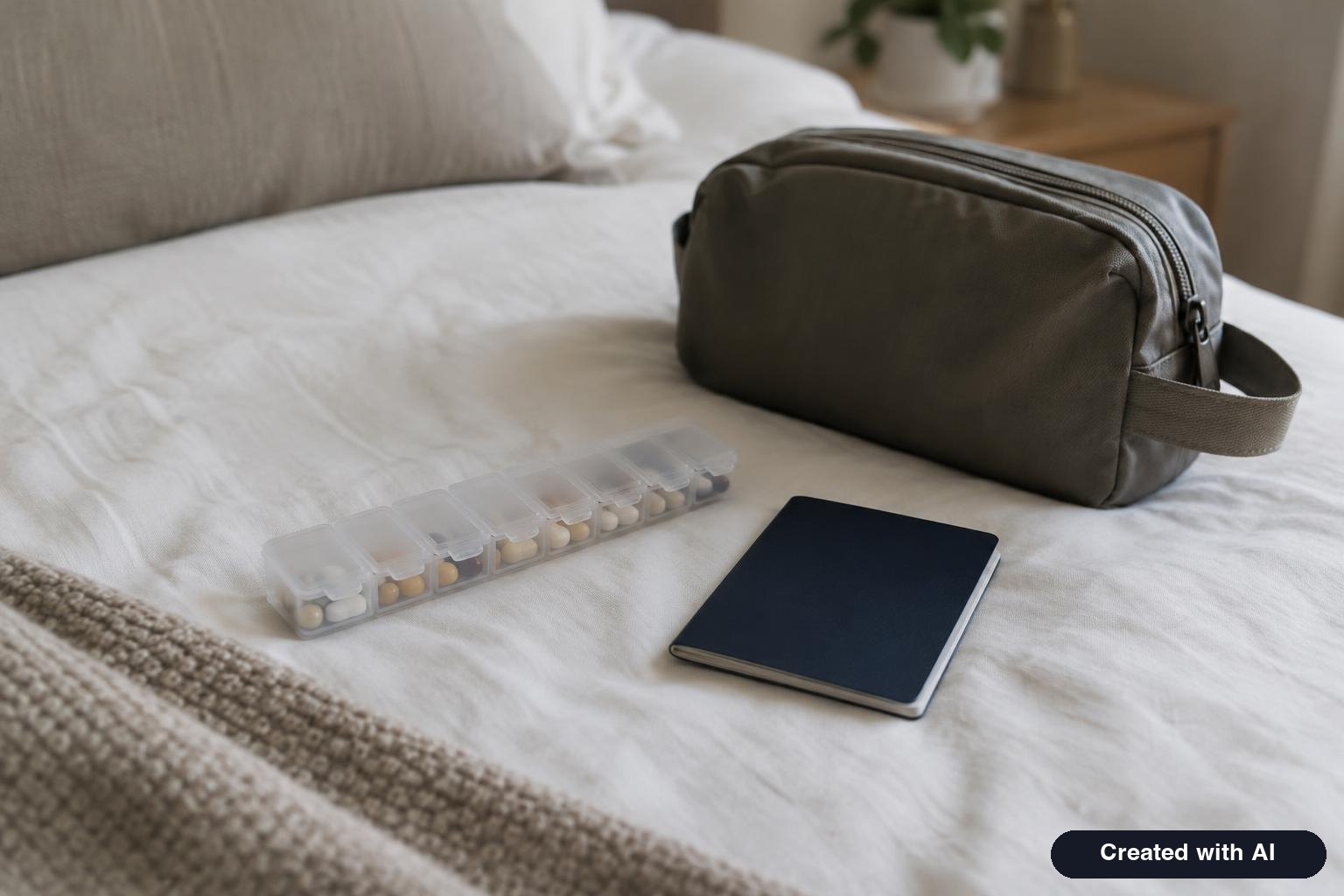 A weekly pill organizer, a passport and a small travel bag on a bed