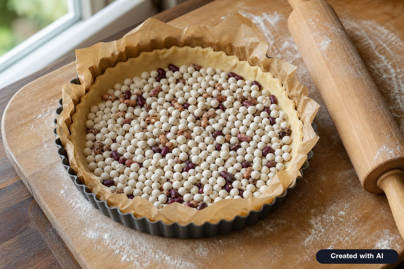 Fluted tart pan lined with shortcrust pastry, parchment paper, and pie weights for blind baking
