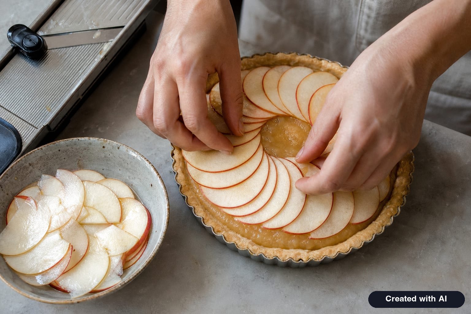 Thin unpeeled red apple slices arranged in circles over applesauce in a baked shortcrust pastry base