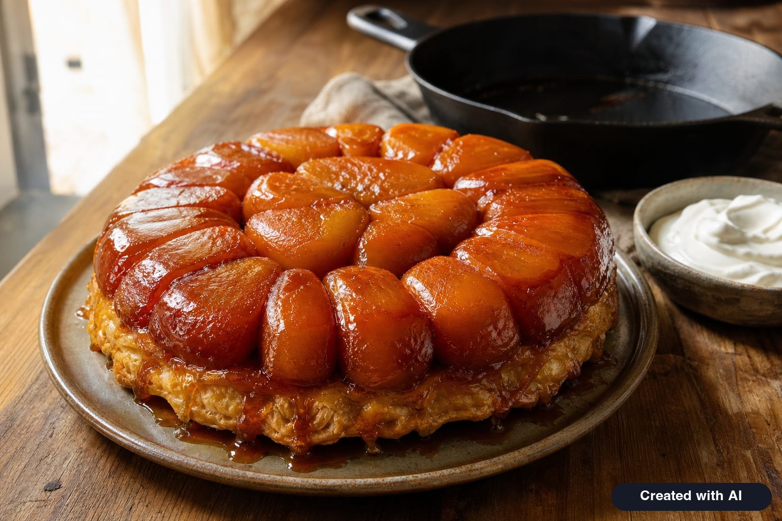 Upside-down caramel apple tart tarte Tatin on a plate with caramelized apple halves and a cast iron skillet in the background