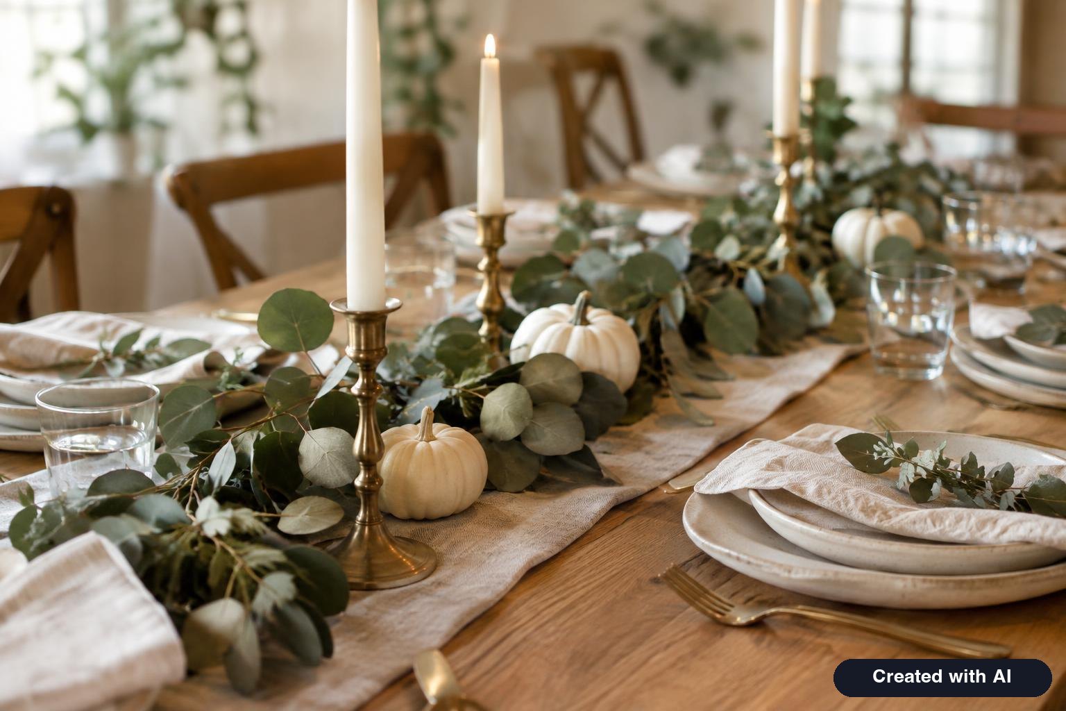 Friendsgiving table with linen runner, eucalyptus garland, white pumpkins, taper candles and neutral plates
