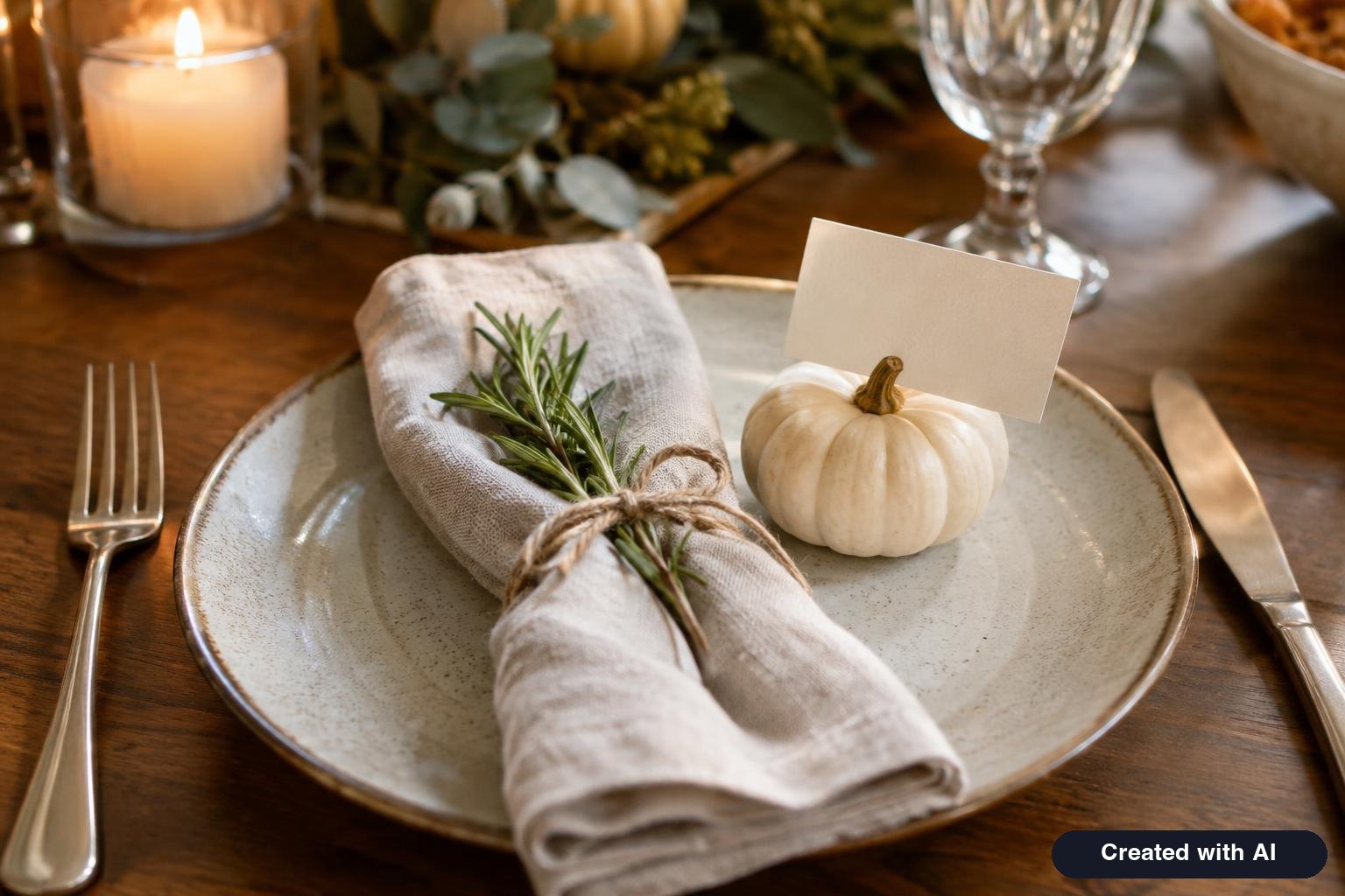 Place setting with a plate, linen napkin tied with twine and rosemary, and a mini white pumpkin used as a place card holder