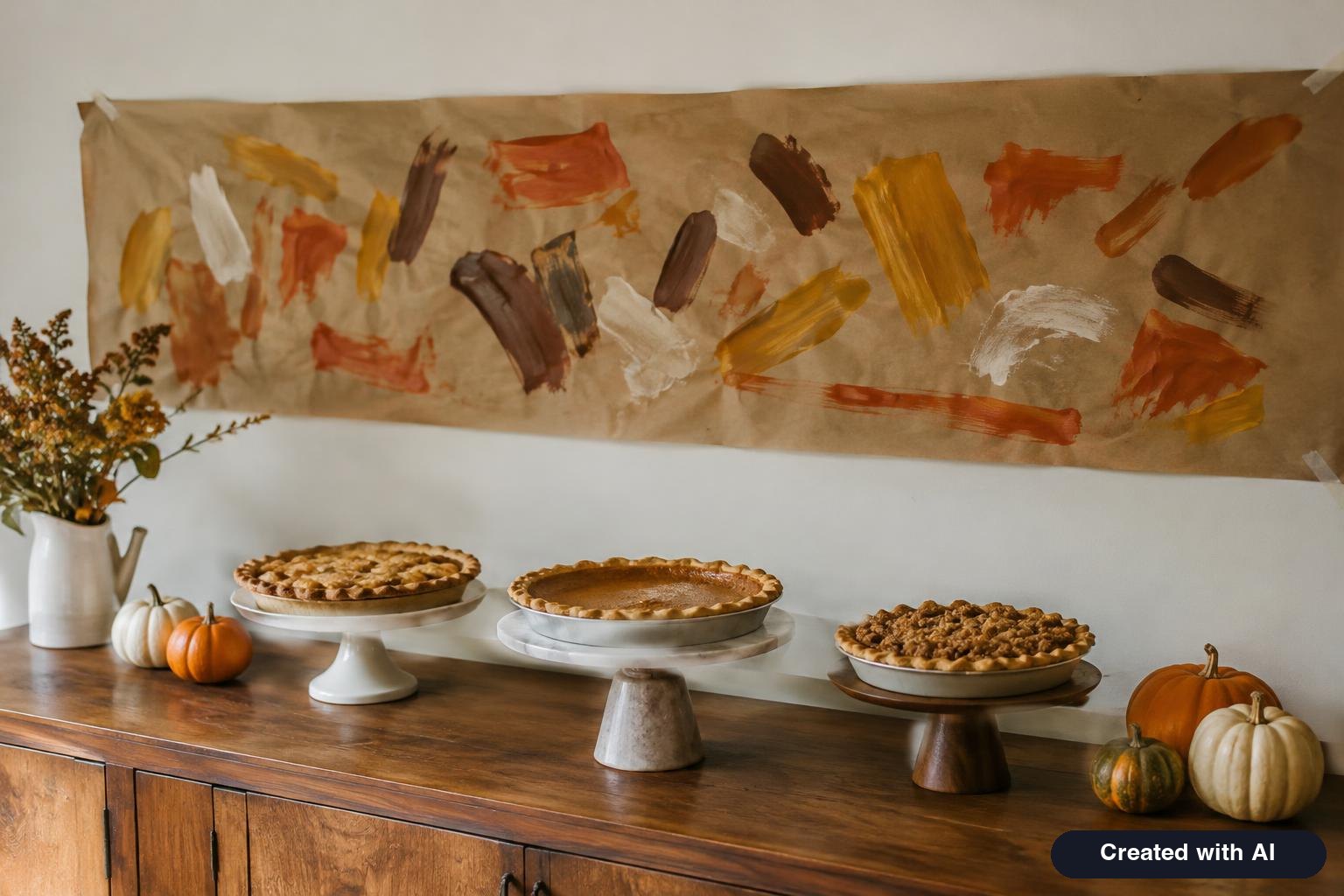Hand-painted kraft paper banner taped to a wall above a sideboard with pies on cake stands and mini pumpkins