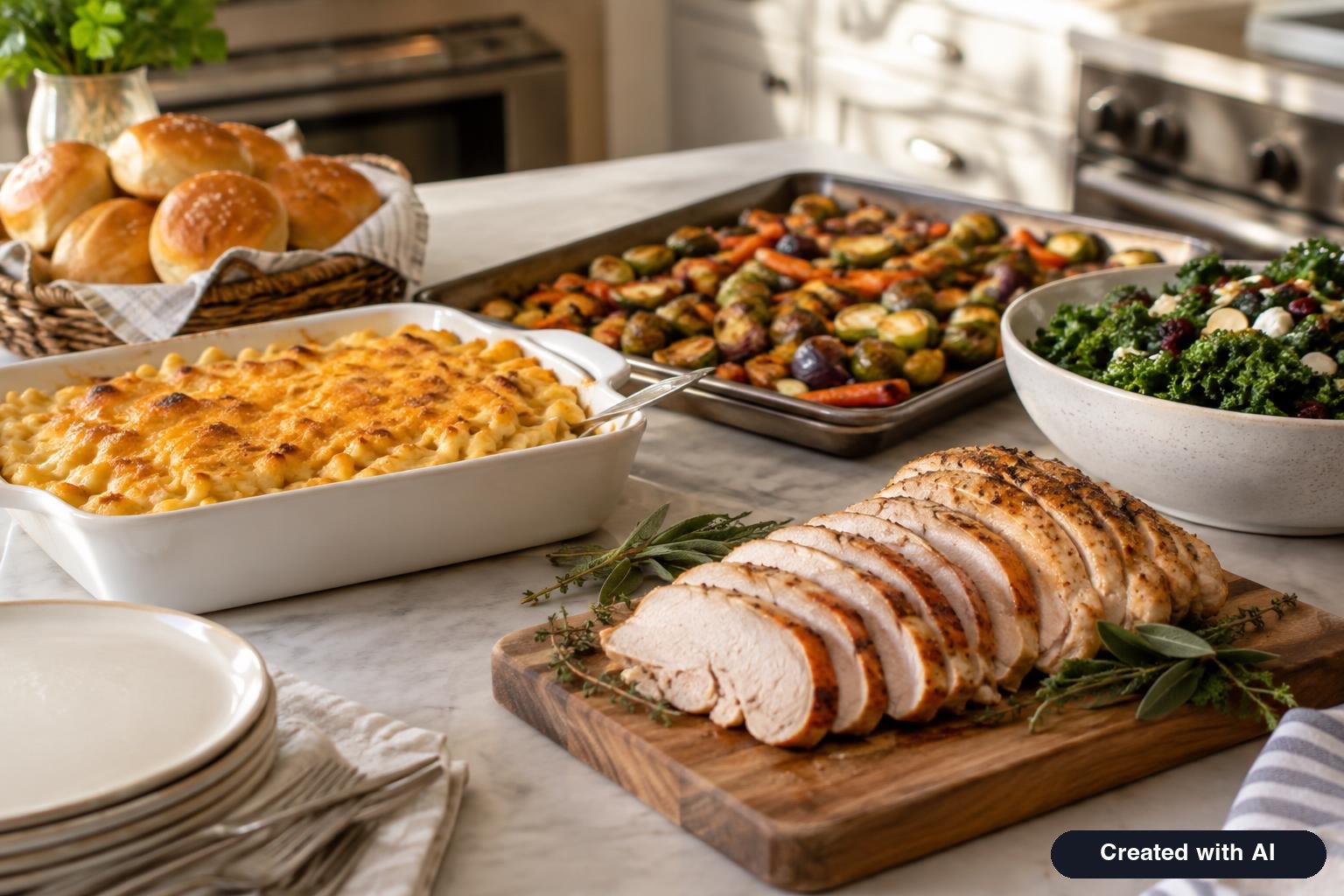 Friendsgiving buffet with sliced turkey breast, mac and cheese, roasted vegetables, salad and rolls
