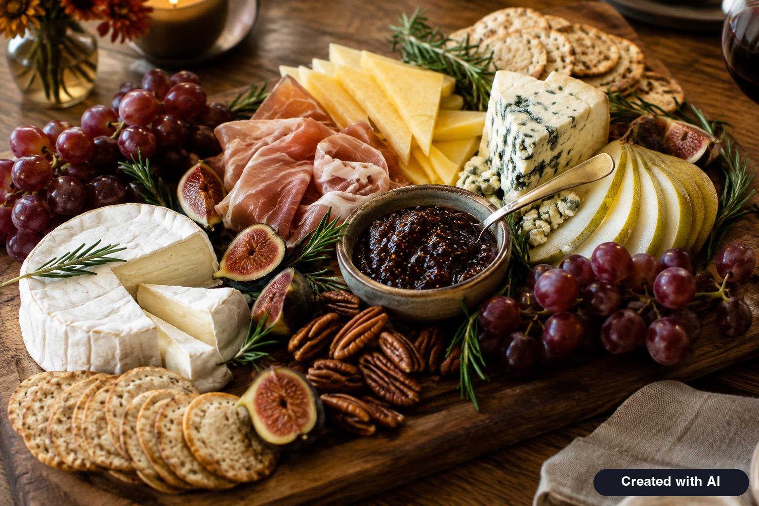 Fall charcuterie board with cheeses, figs, grapes, nuts, crackers and a small bowl of jam