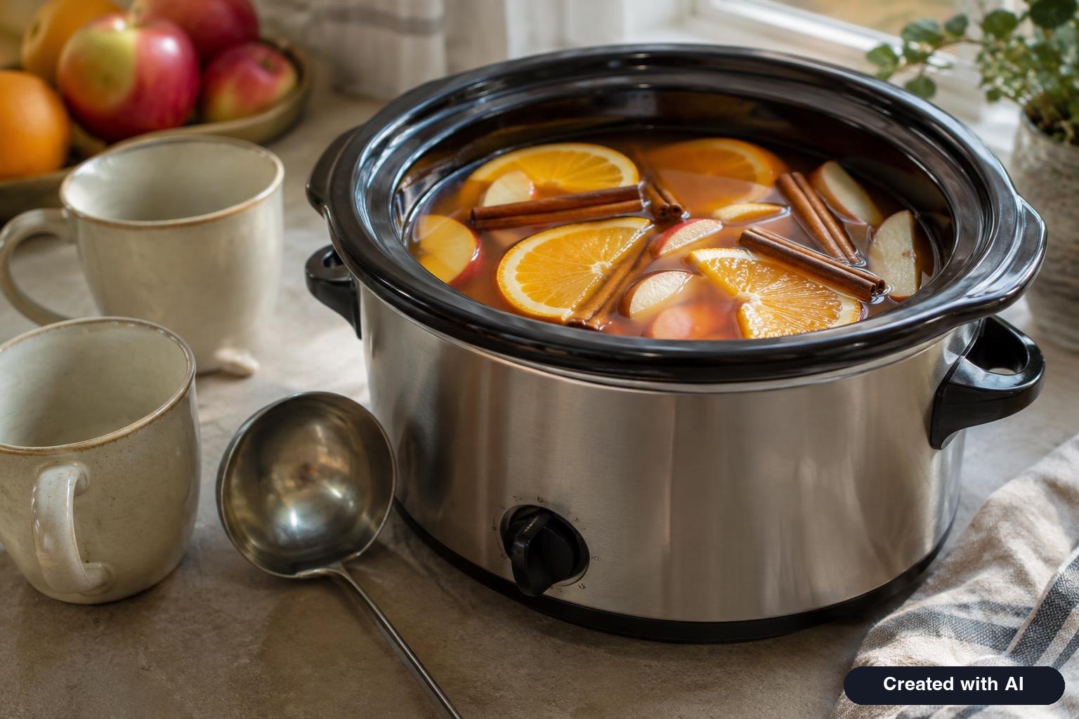 Slow cooker of mulled apple cider with orange slices and cinnamon sticks beside mugs on a counter