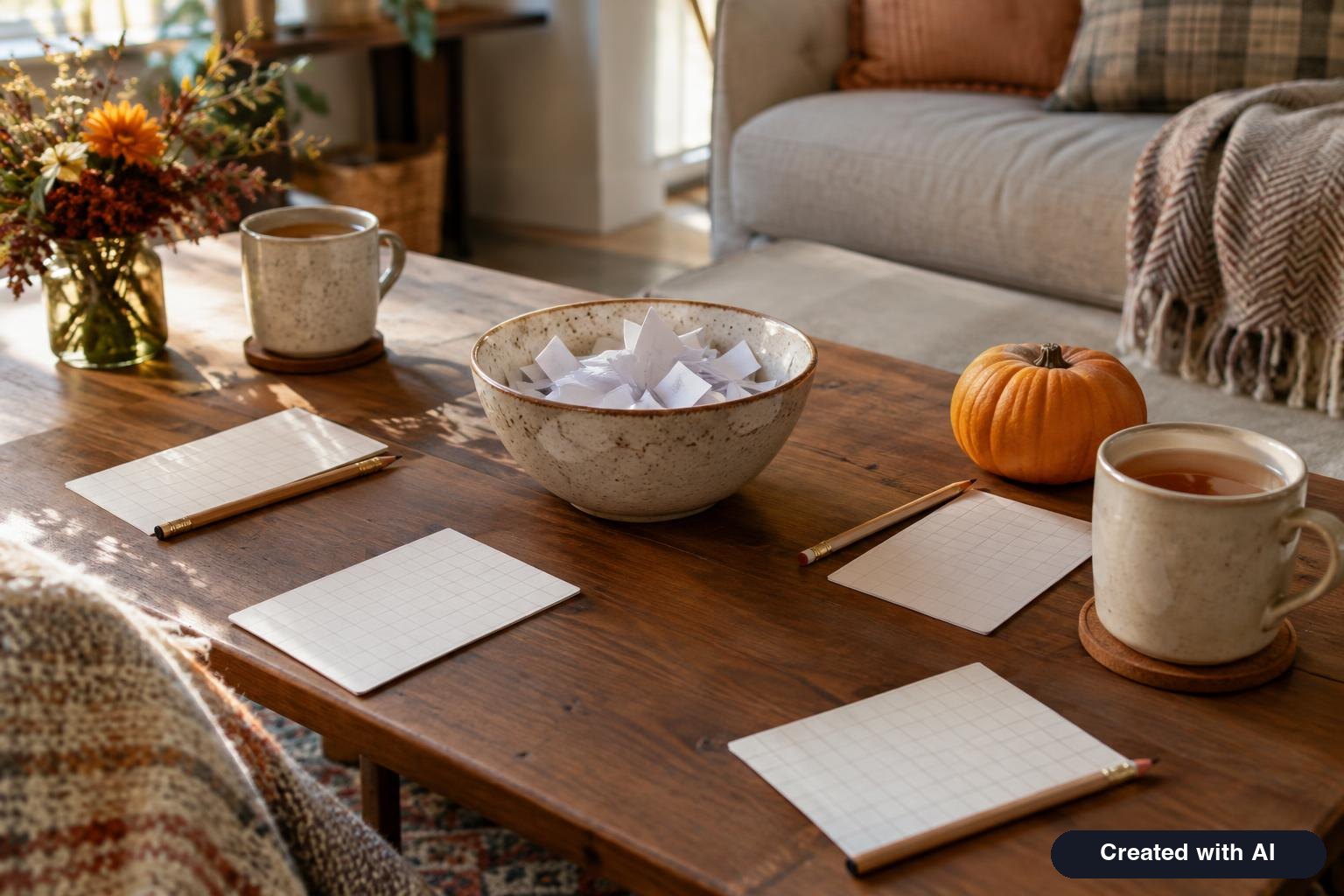 Coffee table with blank game cards, pencils, a bowl of folded paper slips and mugs of cider at a Friendsgiving party