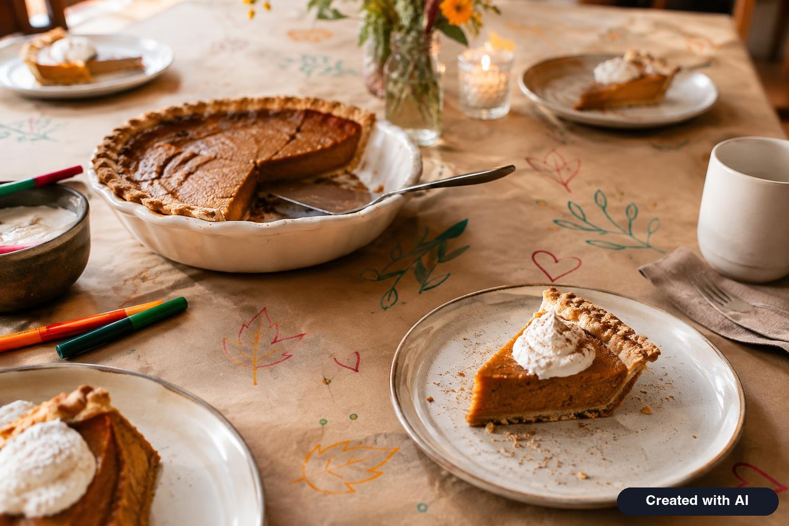 Kraft paper covered dinner table with markers and handwritten gratitude doodles beside plates of pie