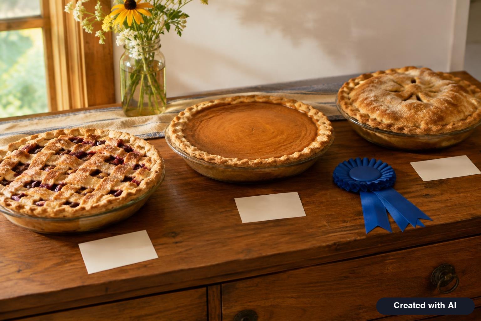 Three pies on a sideboard with small paper ballots, a jar and a ribbon for a Friendsgiving pie contest