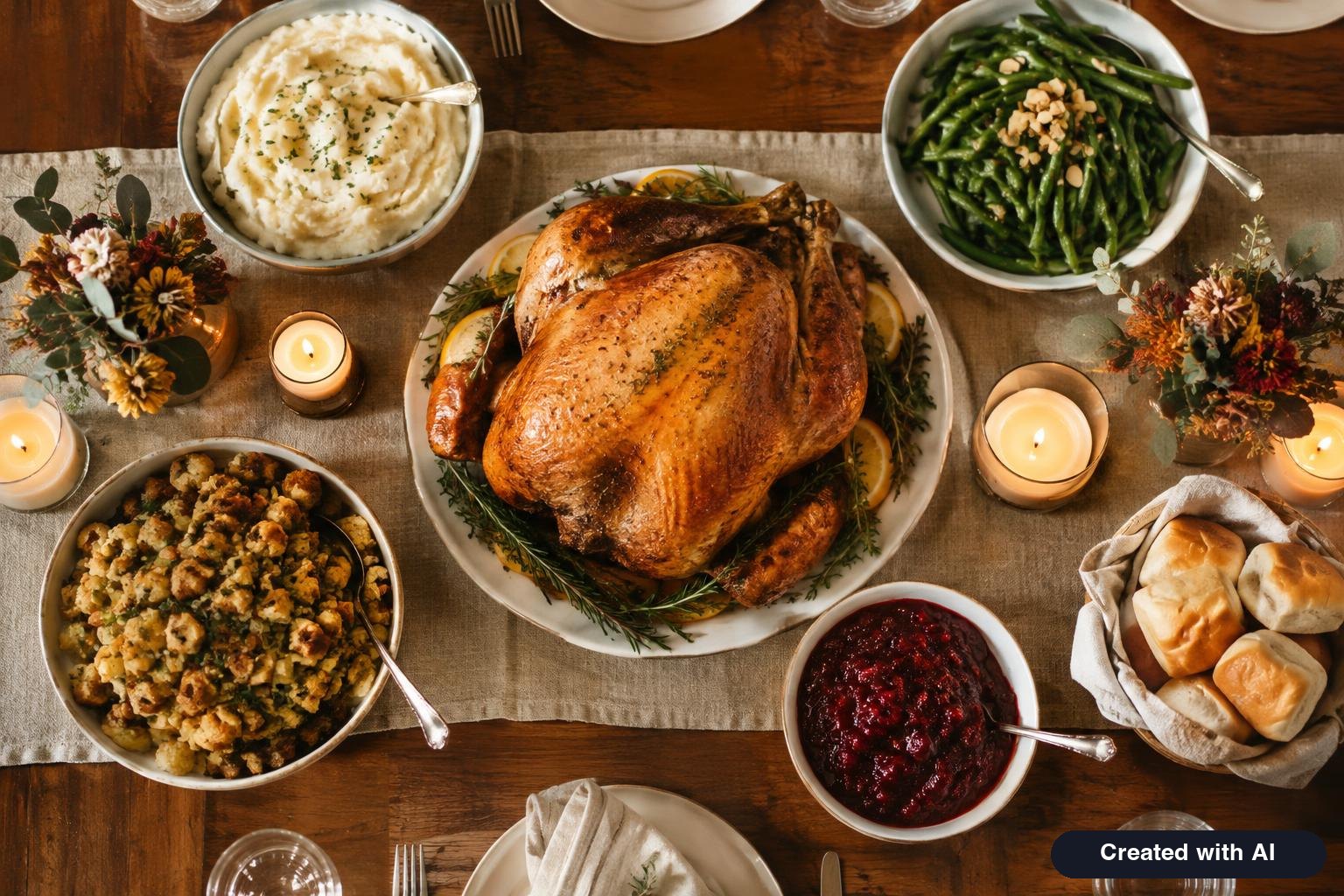 Friendsgiving potluck table with roast turkey, side dishes and candles seen from above